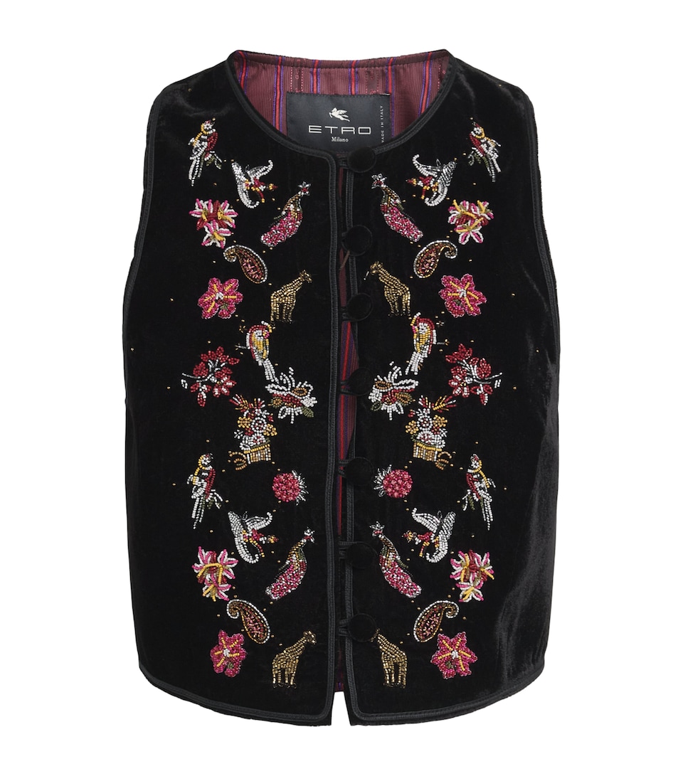 Etro Womens Velvet Embellished Cropped Waistcoat Black
