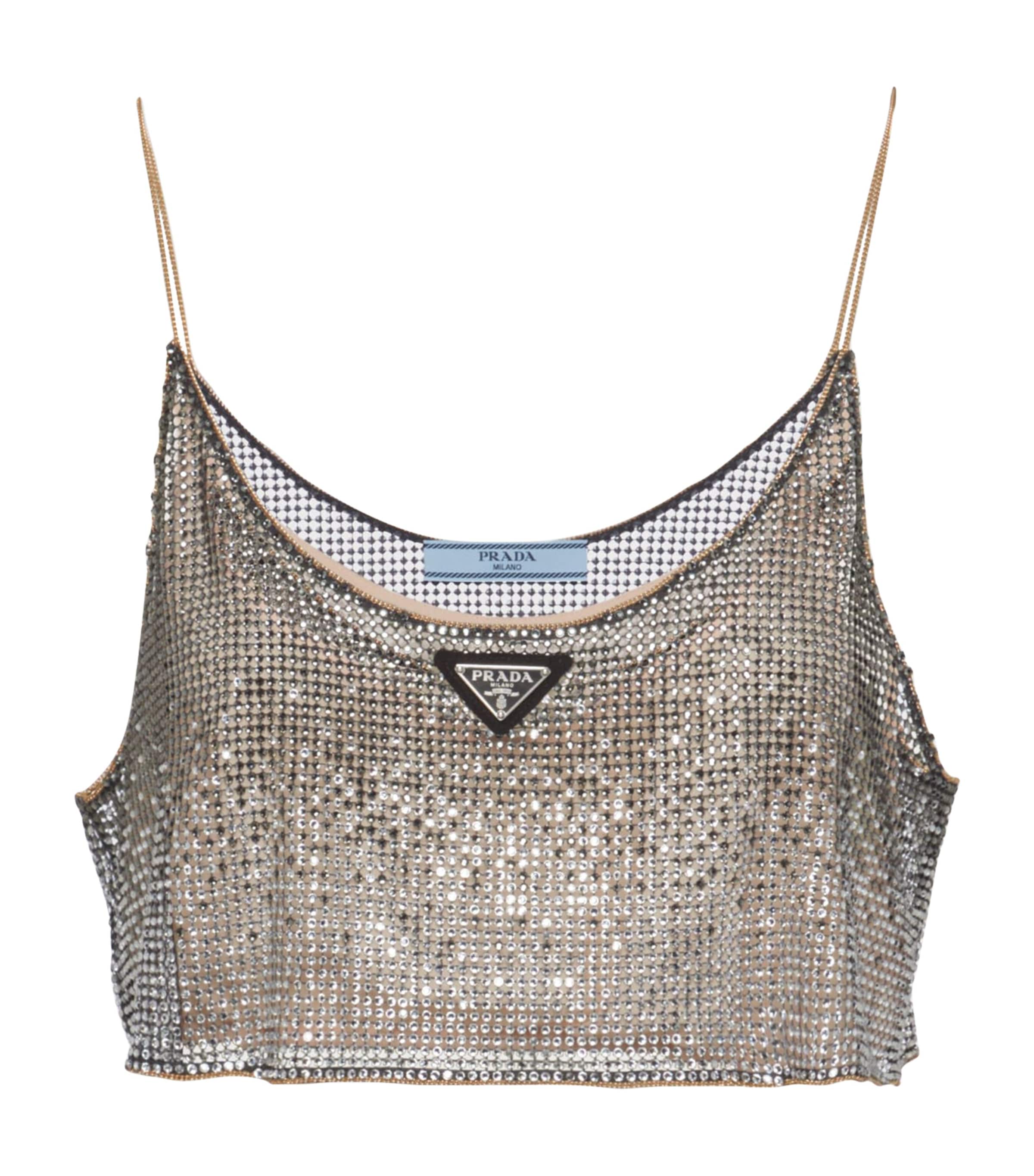 Rhinestone-Embroidered Mesh Top