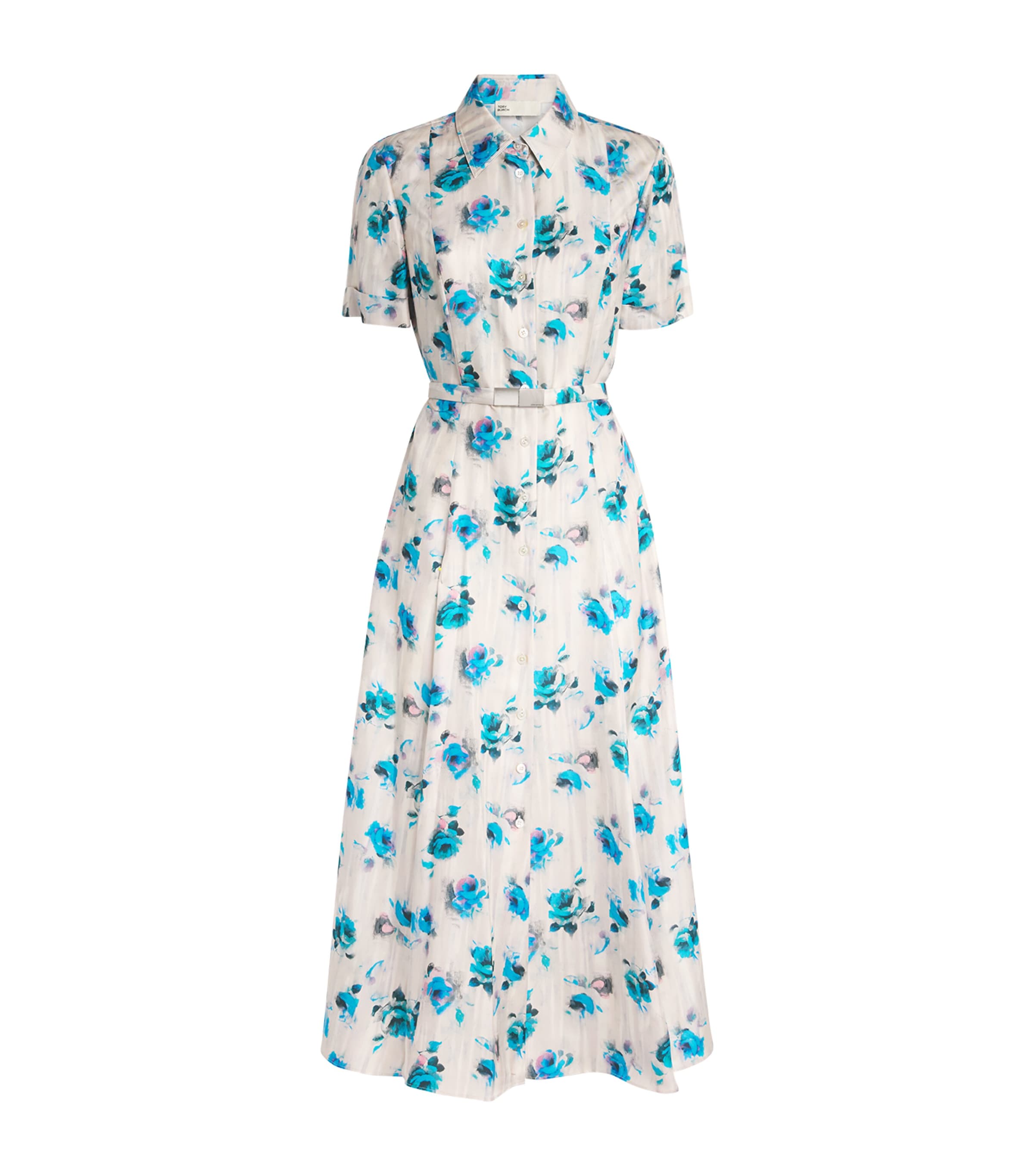 Tory Burch Womens Silk Floral Midi Shirt Dress Blue Roses