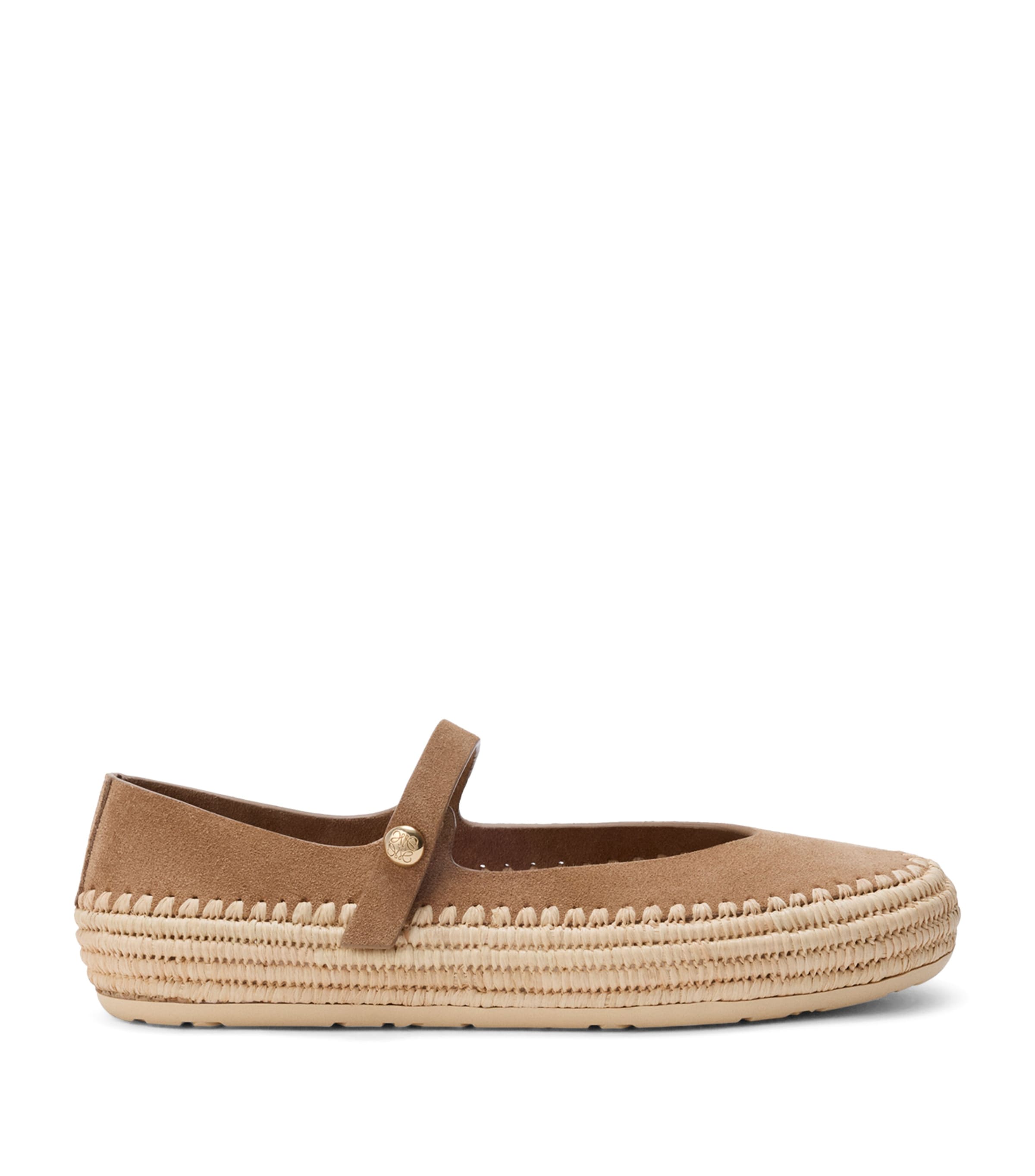LOEWE x Paula’s Ibiza Suede-Raffia Rio Mary Jane Flats Dark Beige