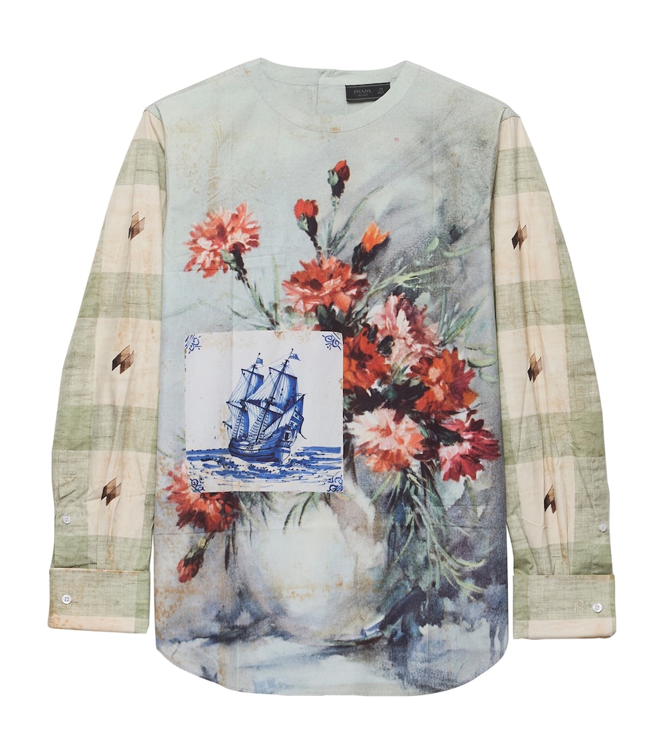 Prada Mens Cotton Floral Back-Button Shirt Grey