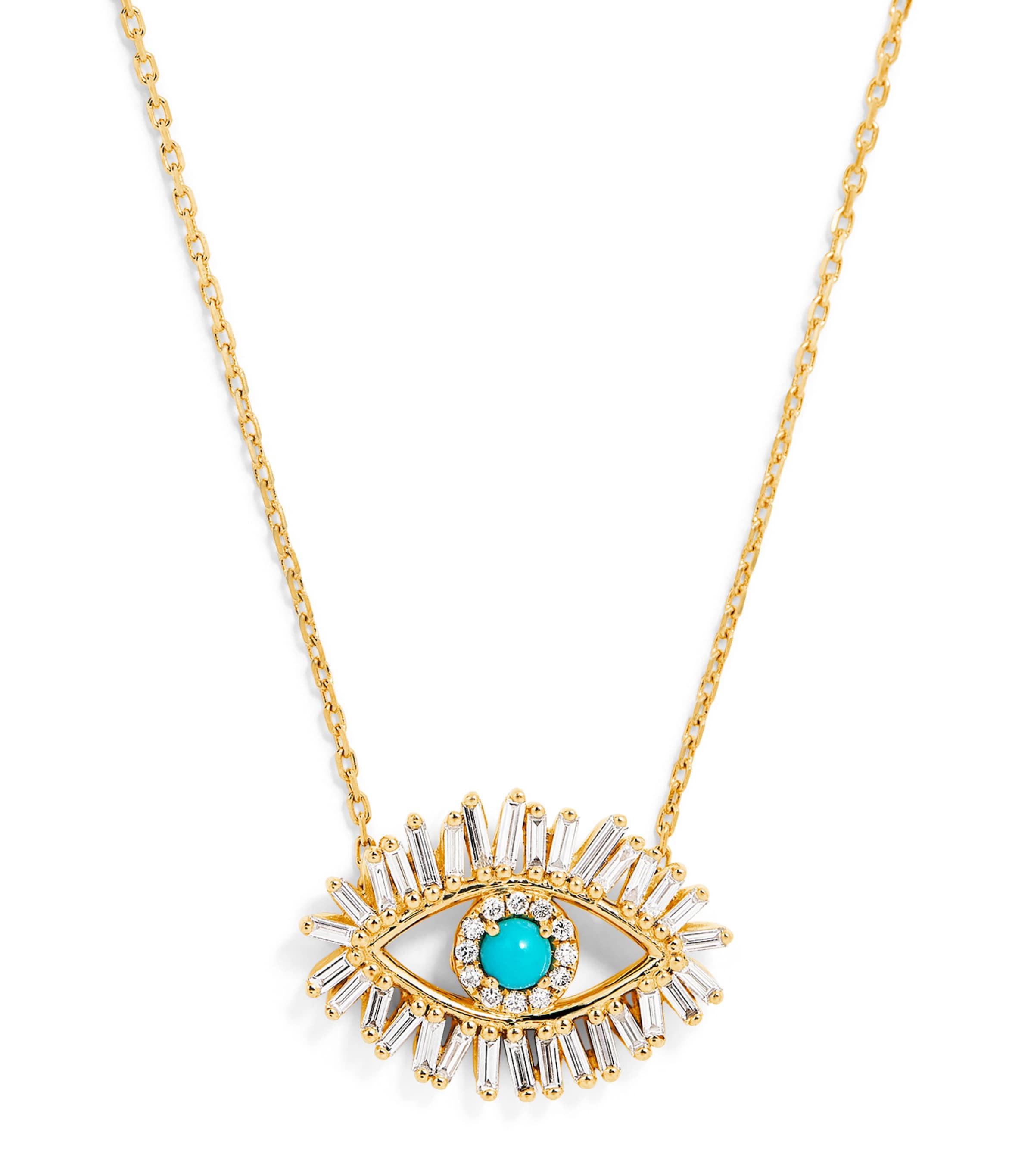 Midi Yellow Gold, Diamond and Turquoise Evil Eye Necklace