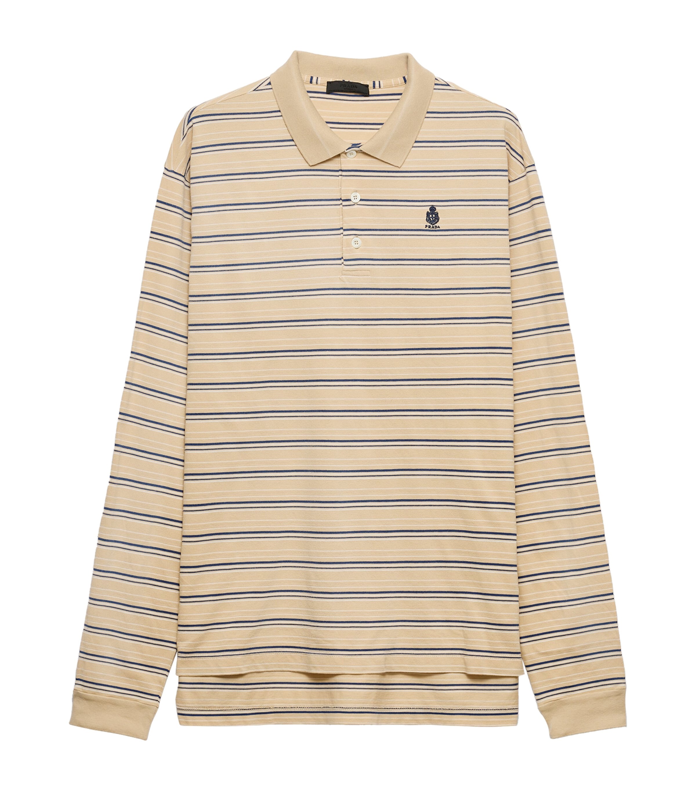Prada Mens Cotton Piqué Stripe Slim Long-Sleeve Polo Shirt Neutral