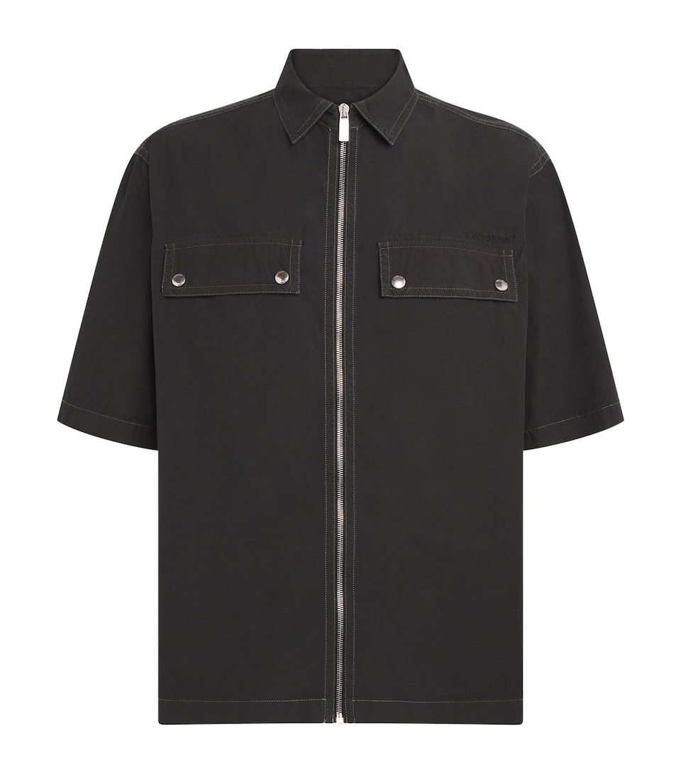 Cotton Arrow Print Zip-Up Short-Sleeve Shirt