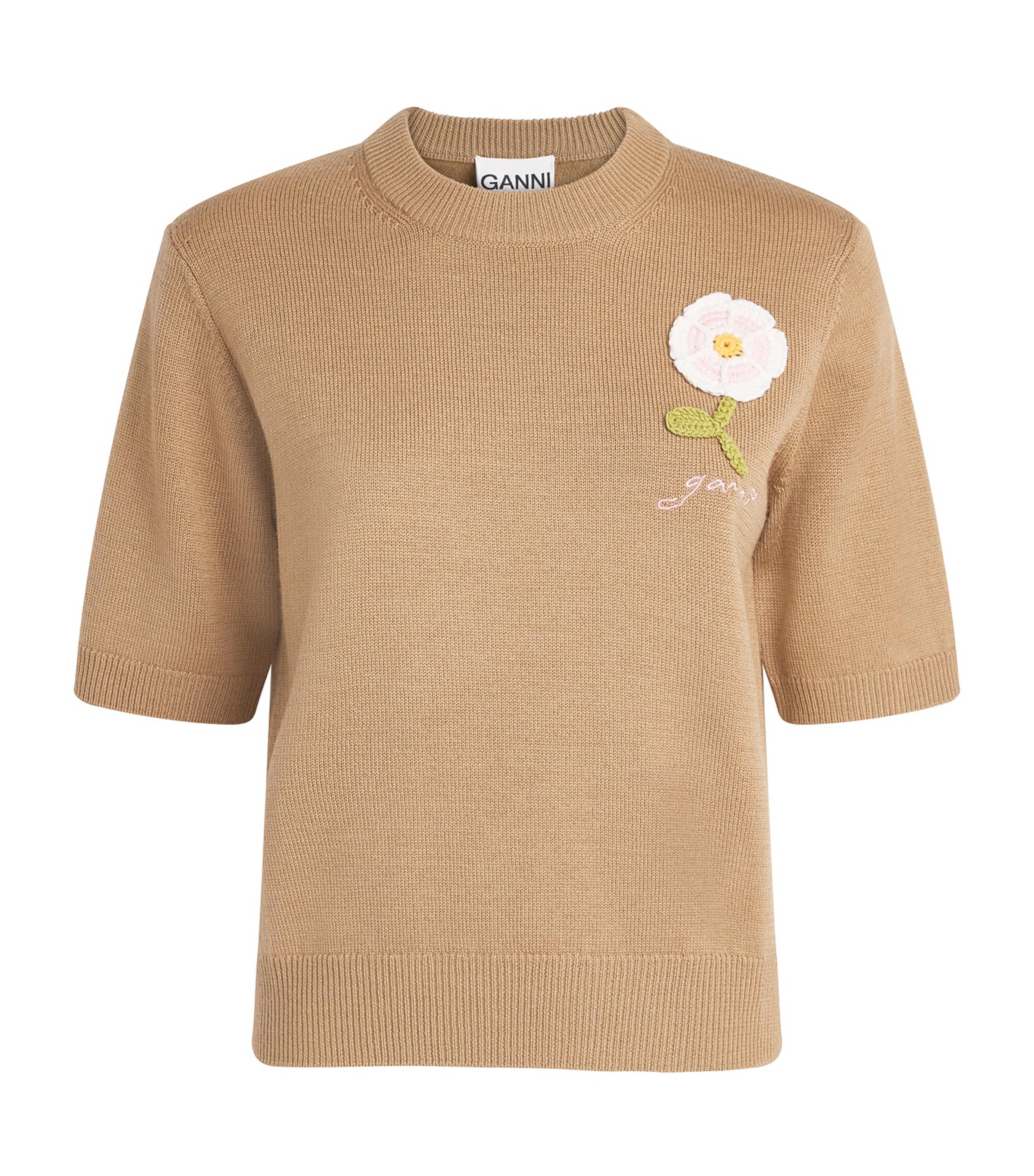 GANNI Womens Merino Flower Appliqué Sweater Tobacco Brown