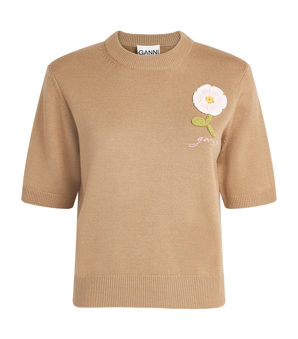 GANNI Womens Merino Flower Appliqué Sweater Tobacco Brown