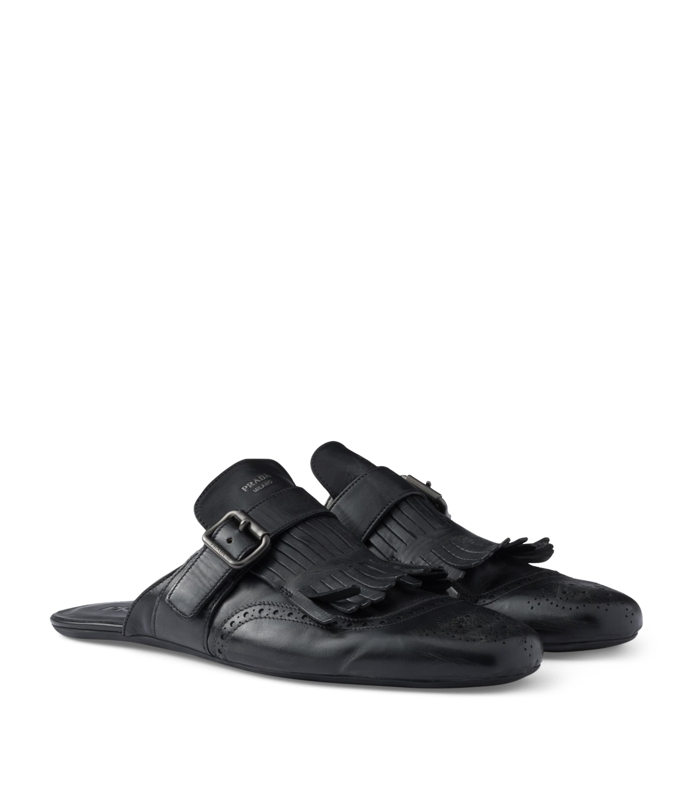 Prada Calf Leather Fringed Monk-Strap Mules