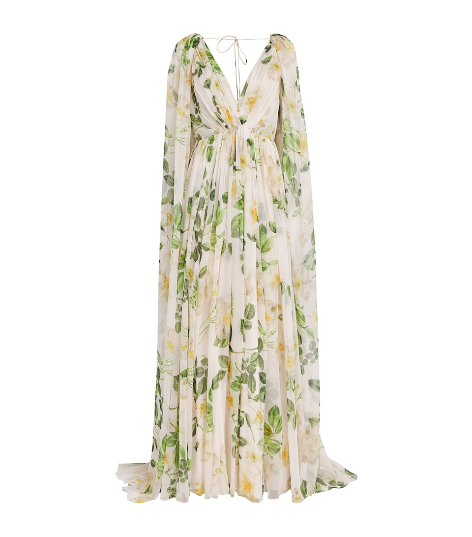 Silk Cape-Sleeve Floral Gown