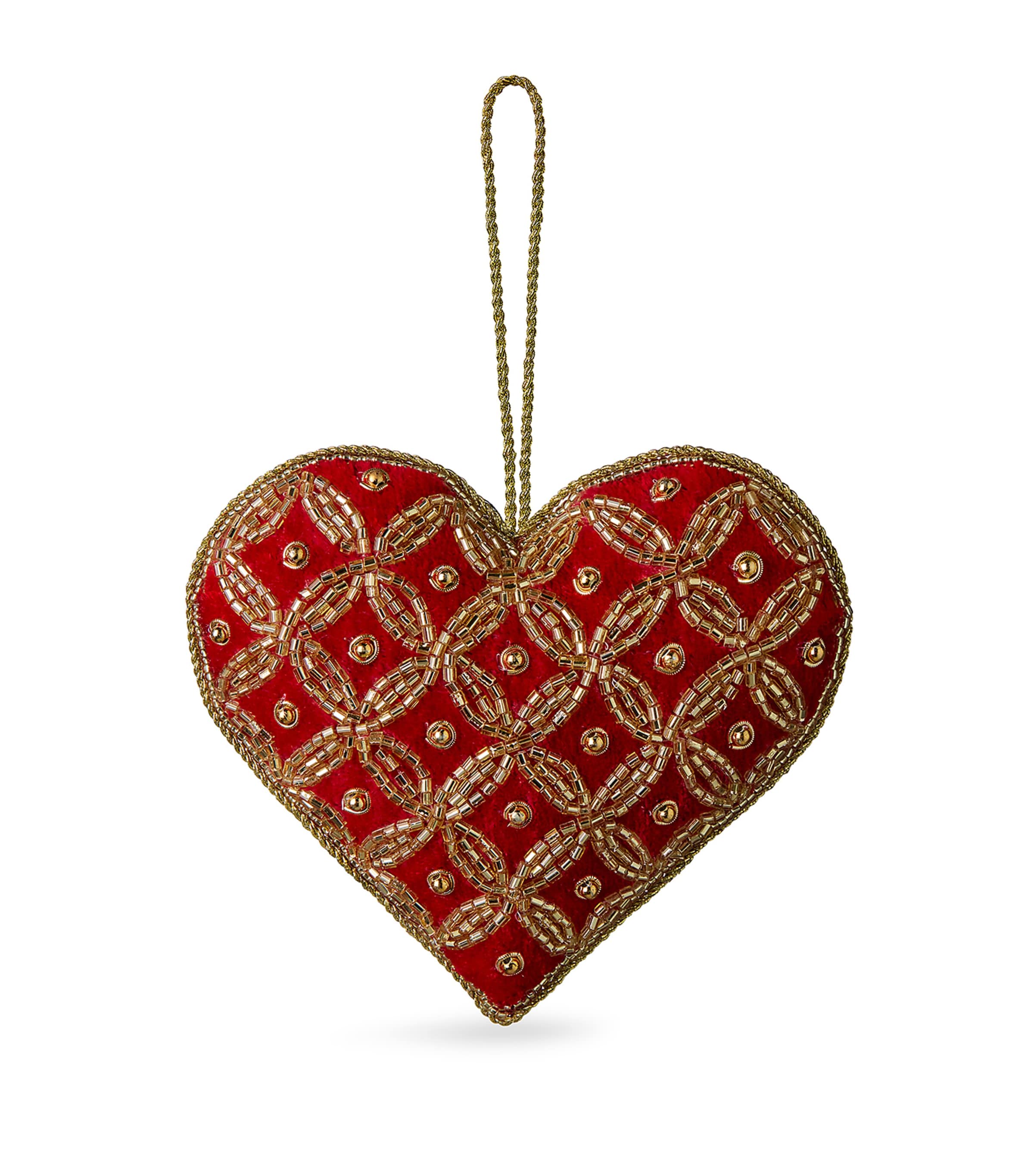 Harrods Beaded Heart Tree Decoration Red/gold