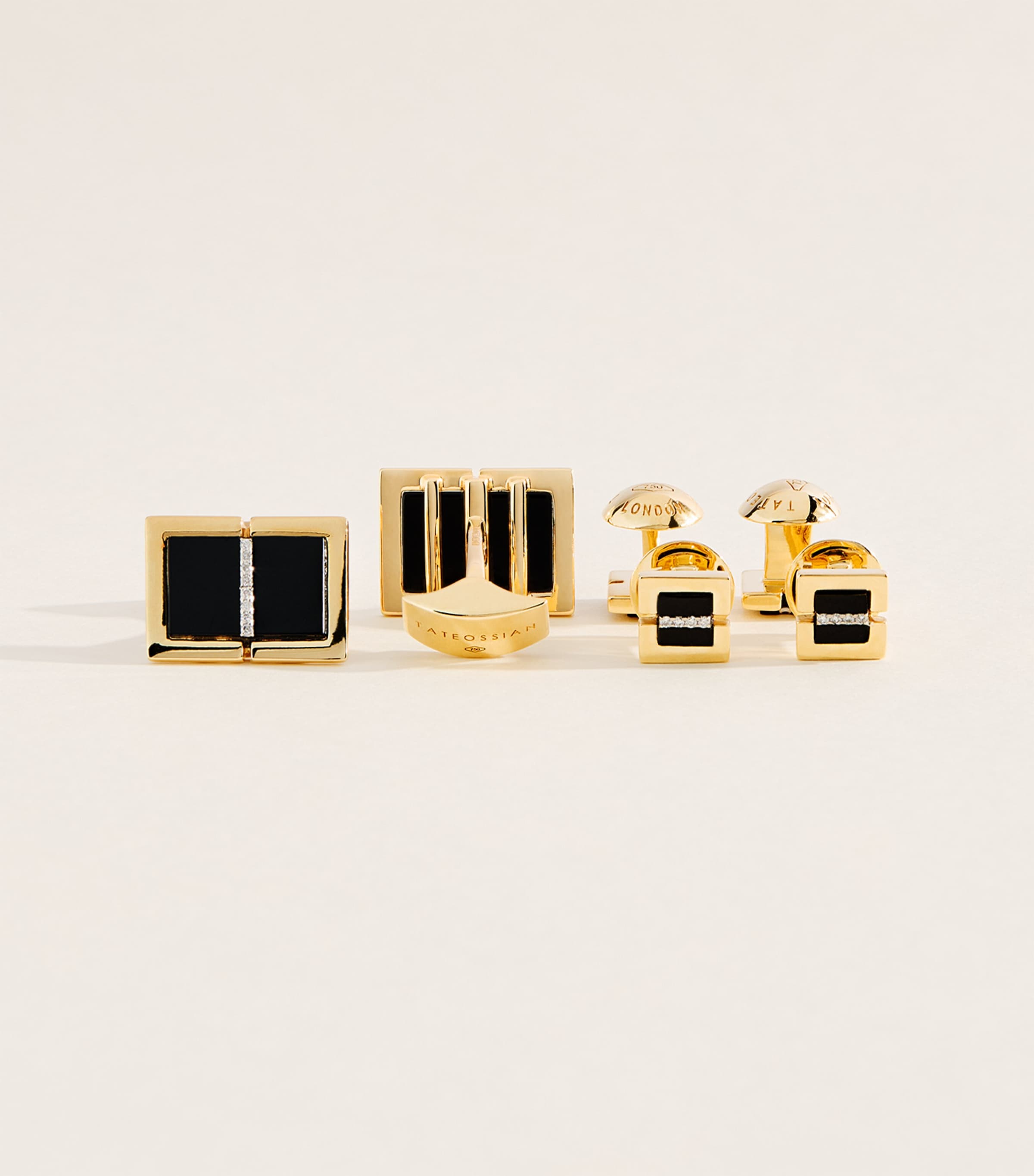 Tateossian Yellow Gold, Diamond and Onyx Cufflinks And Studs Set Black