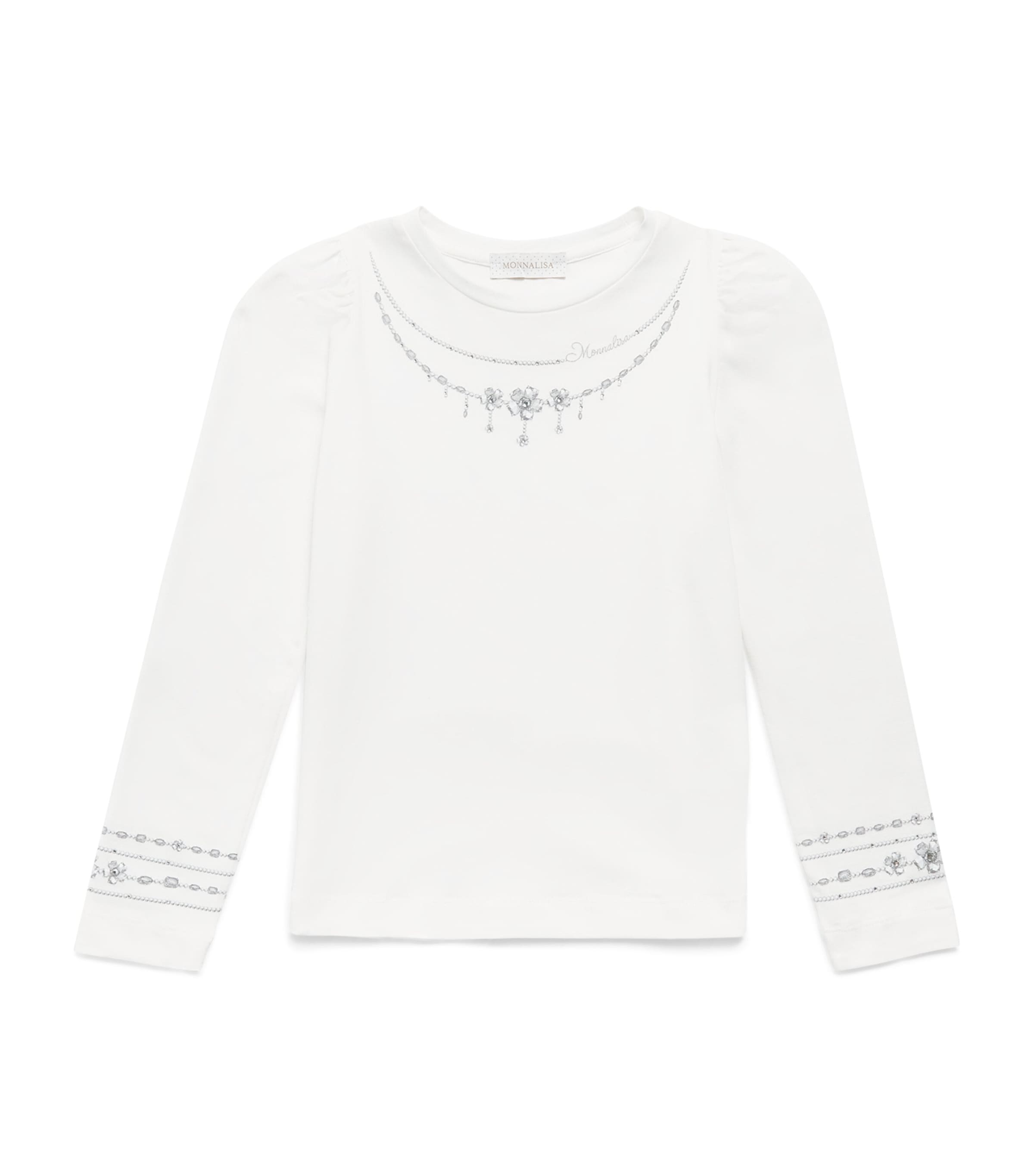 Monnalisa Rhinestone-Flower Long-Sleeve T-Shirt (4-14 Years) Panna