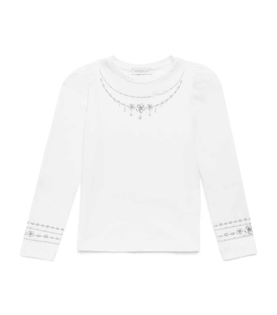 Monnalisa Rhinestone-Flower Long-Sleeve T-Shirt (4-14 Years) Panna