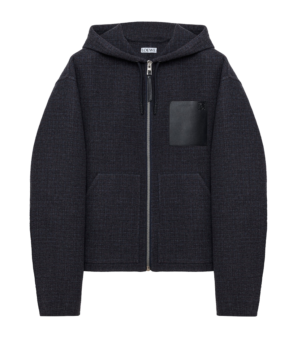 LOEWE Mens Wool-Silk Tweed Hooded Jacket Dark Navy Blue