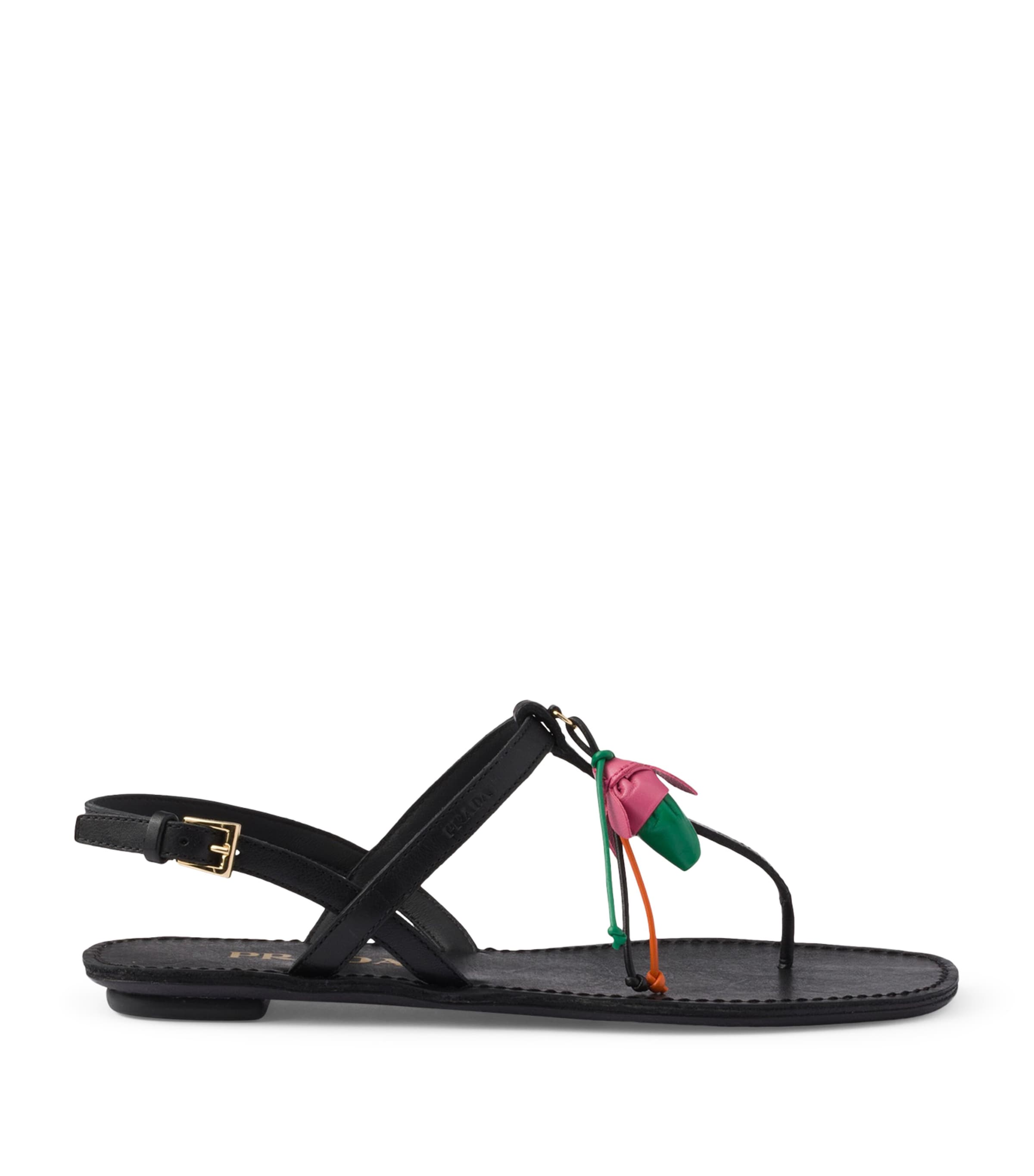 Prada Antiqued Leather Floral Thong Sandals Black