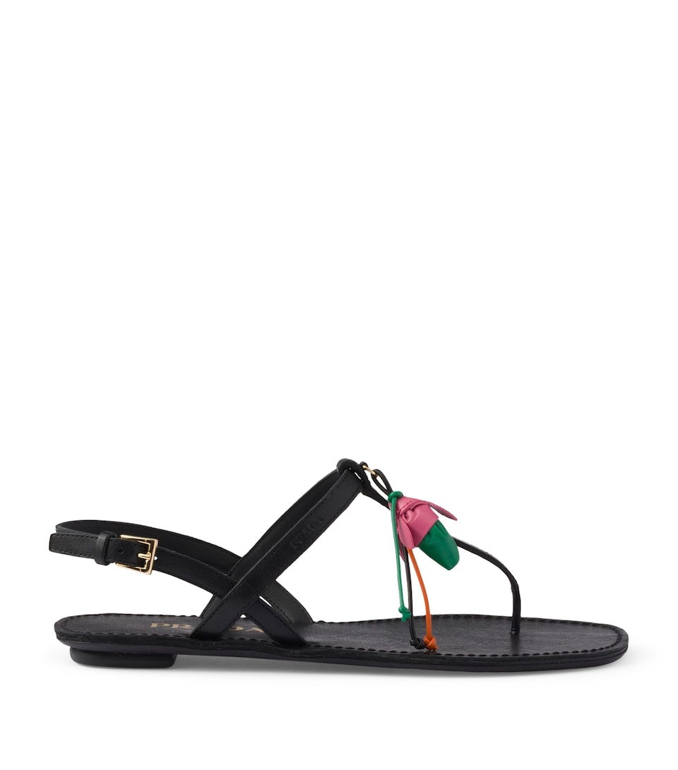 Prada Antiqued Leather Floral Thong Sandals Black