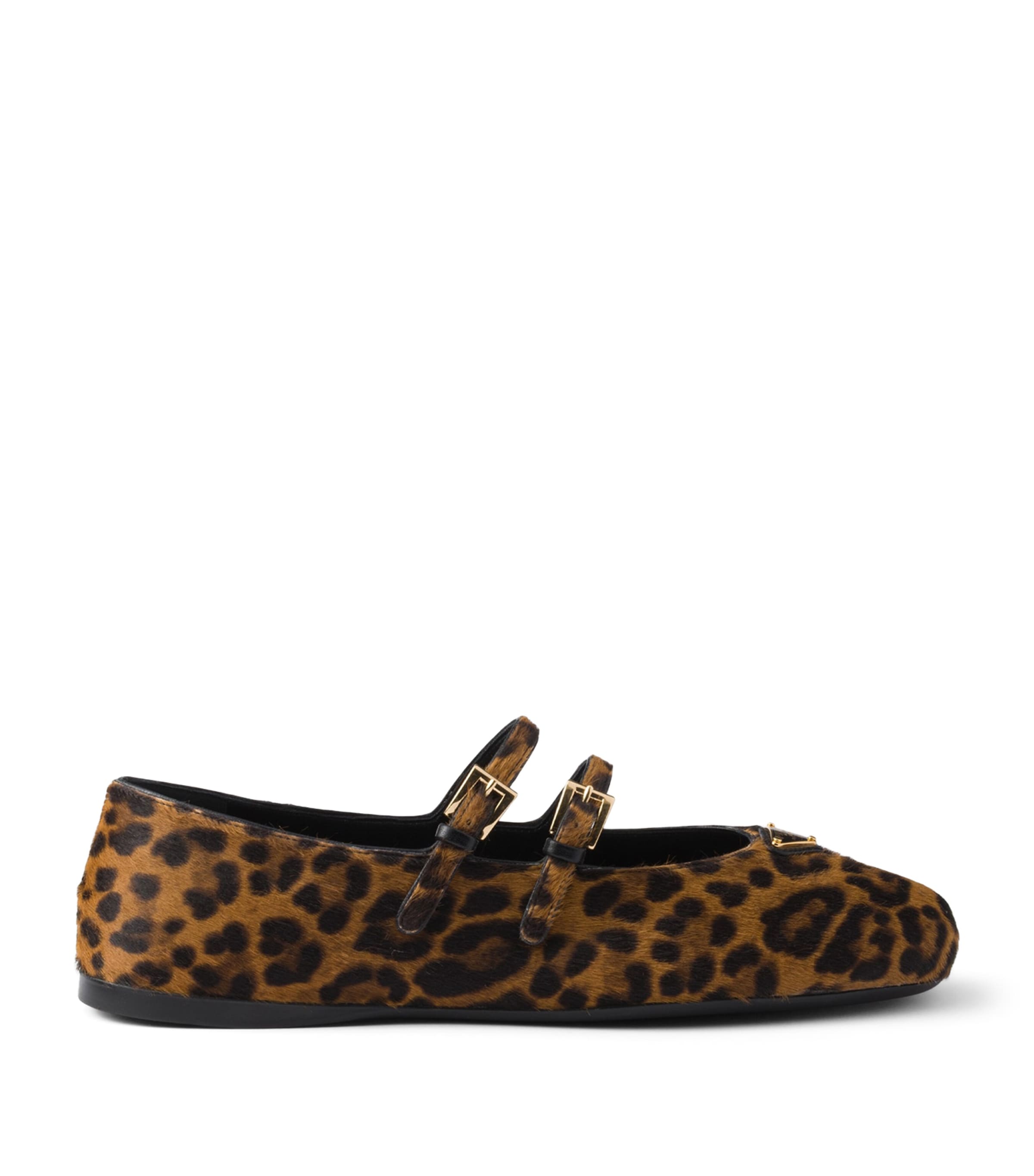 Prada Brushed Leather Leopard Print Ballet Flats Neutral