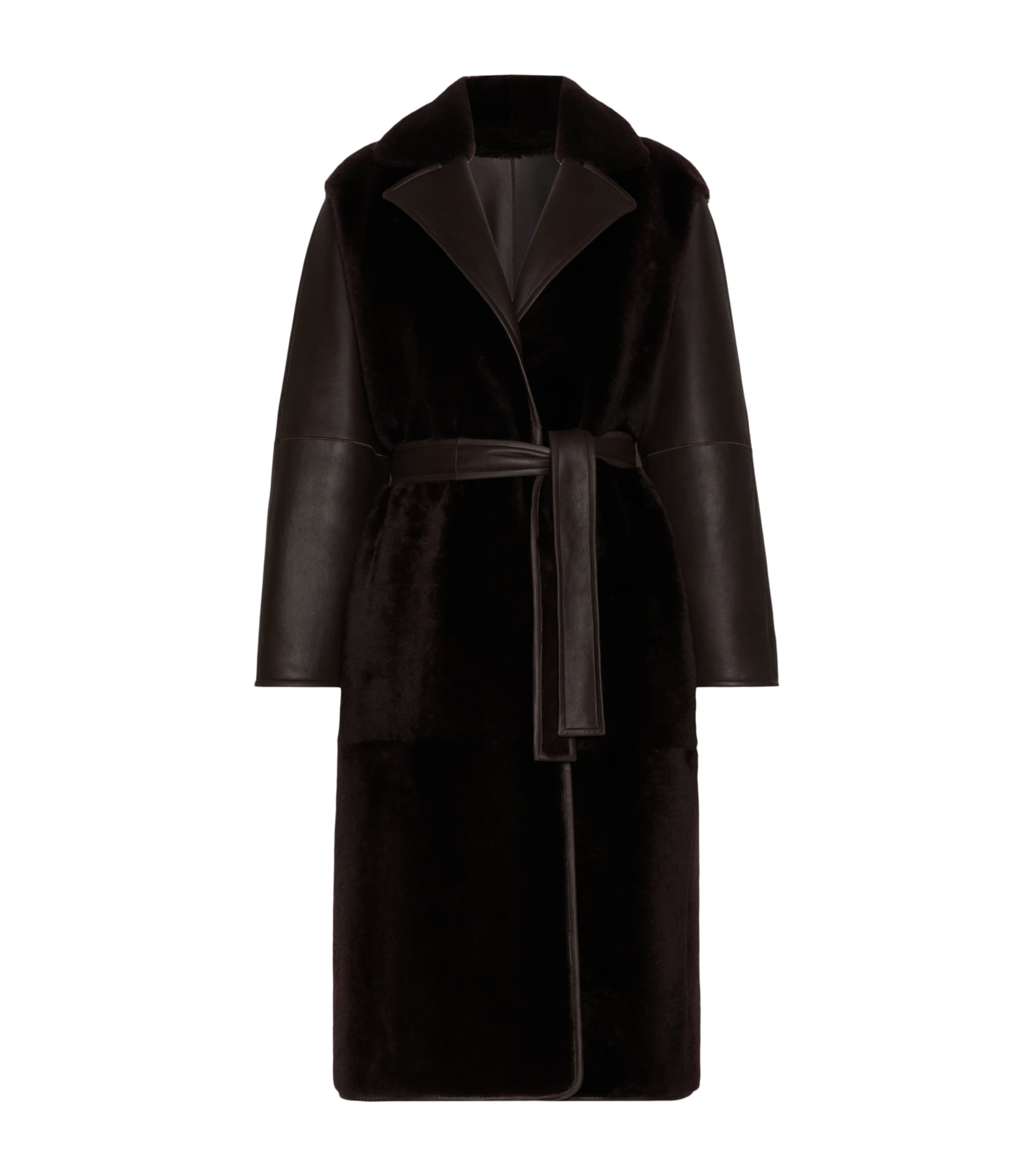 Max Mara Womens Leather-Shearling Belted Longline Coat Dark Brown