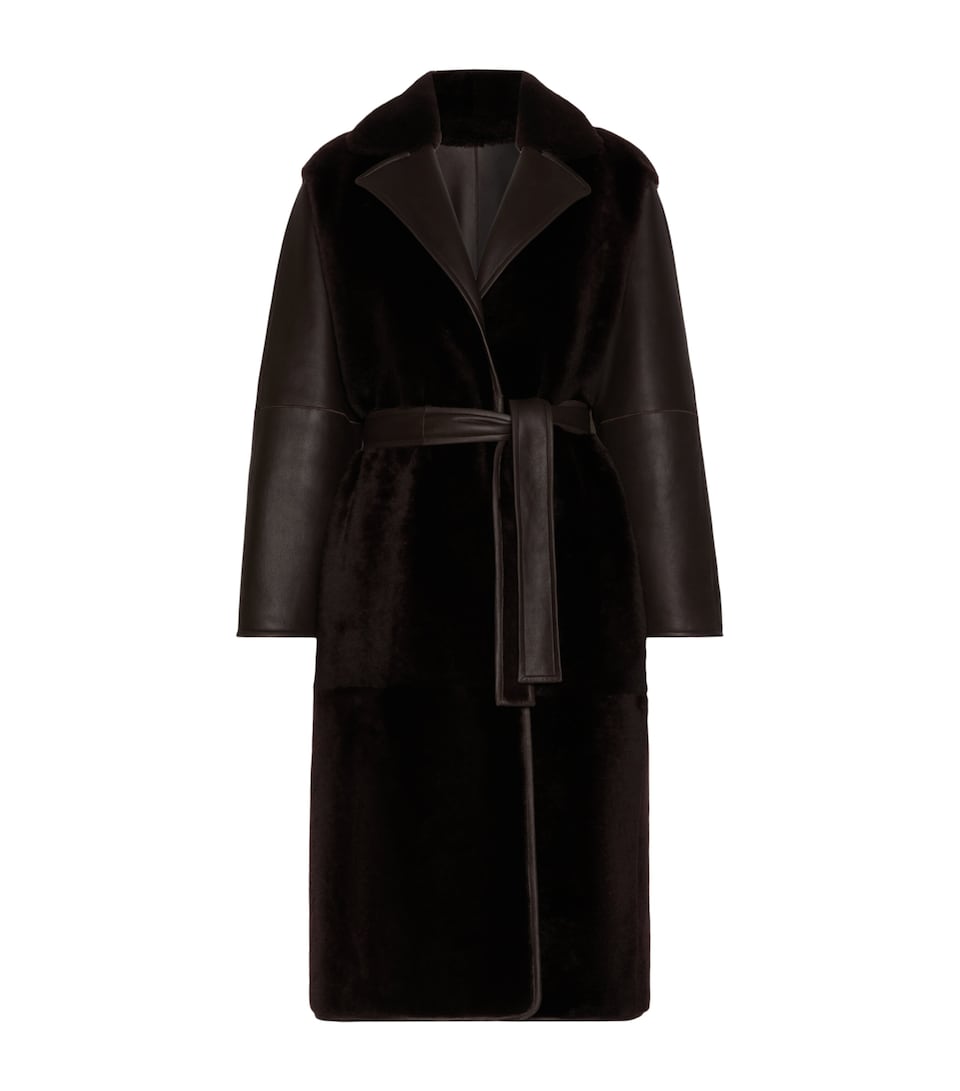 Max Mara Womens Leather-Shearling Belted Longline Coat Dark Brown