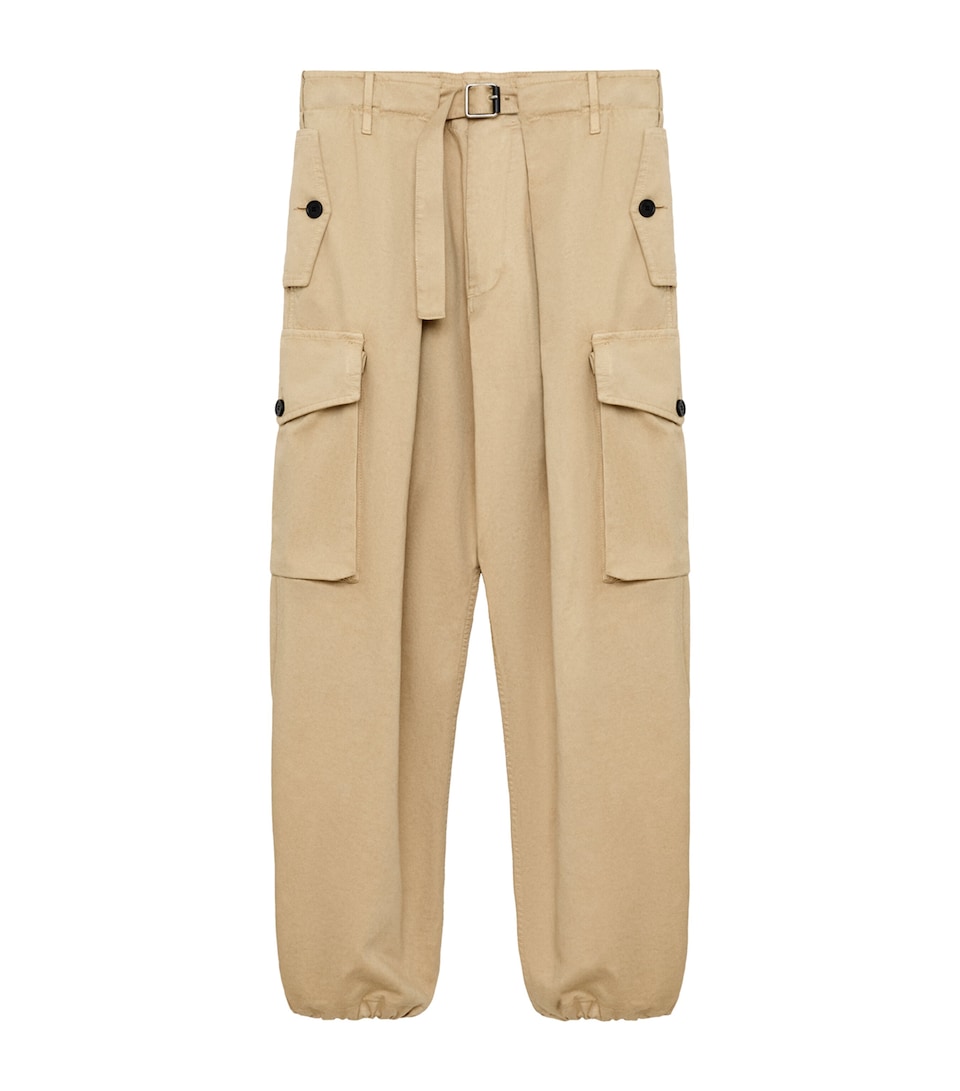 LOEWE Mens Cotton Pleated Cargo Trousers Beige