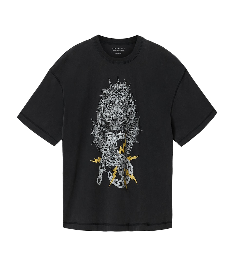 AllSaints Mens Cotton Iron Tiger T-Shirt Washed Black