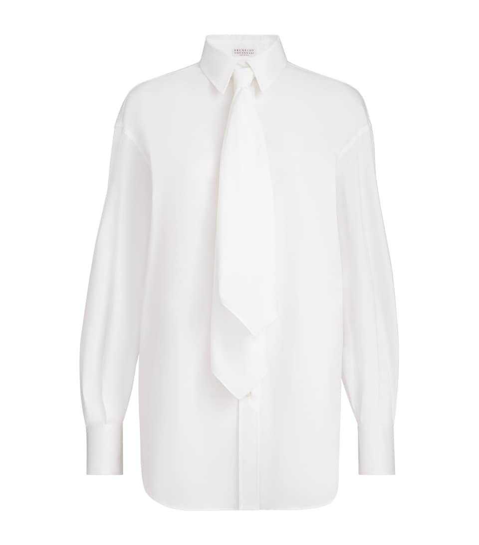 Brunello Cucinelli Womens Cotton-Blend Tie-Detail Shirt