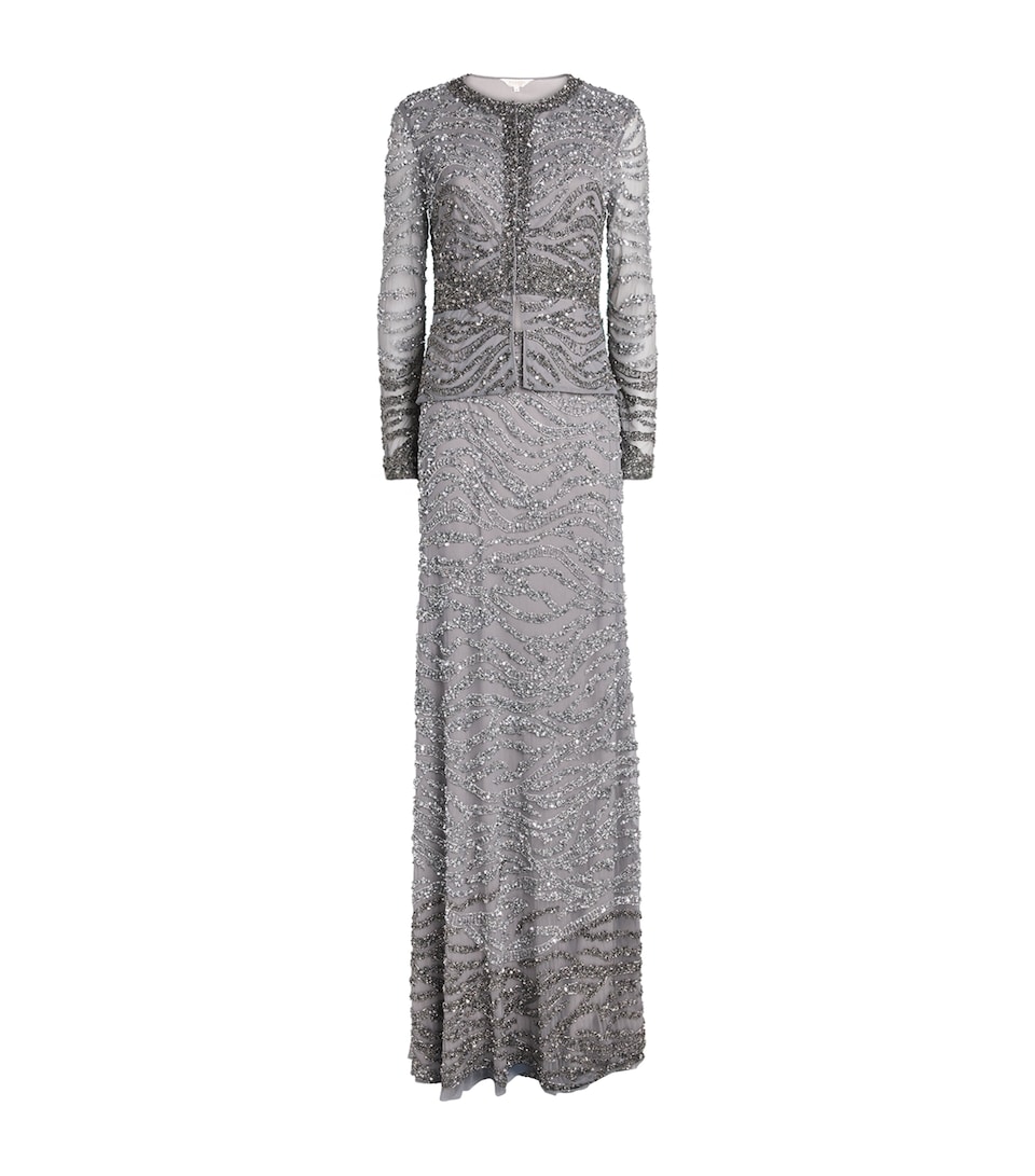 Raishma Womens Embellished Eloise Jacket and Maxi Skirt Set Silver Grey