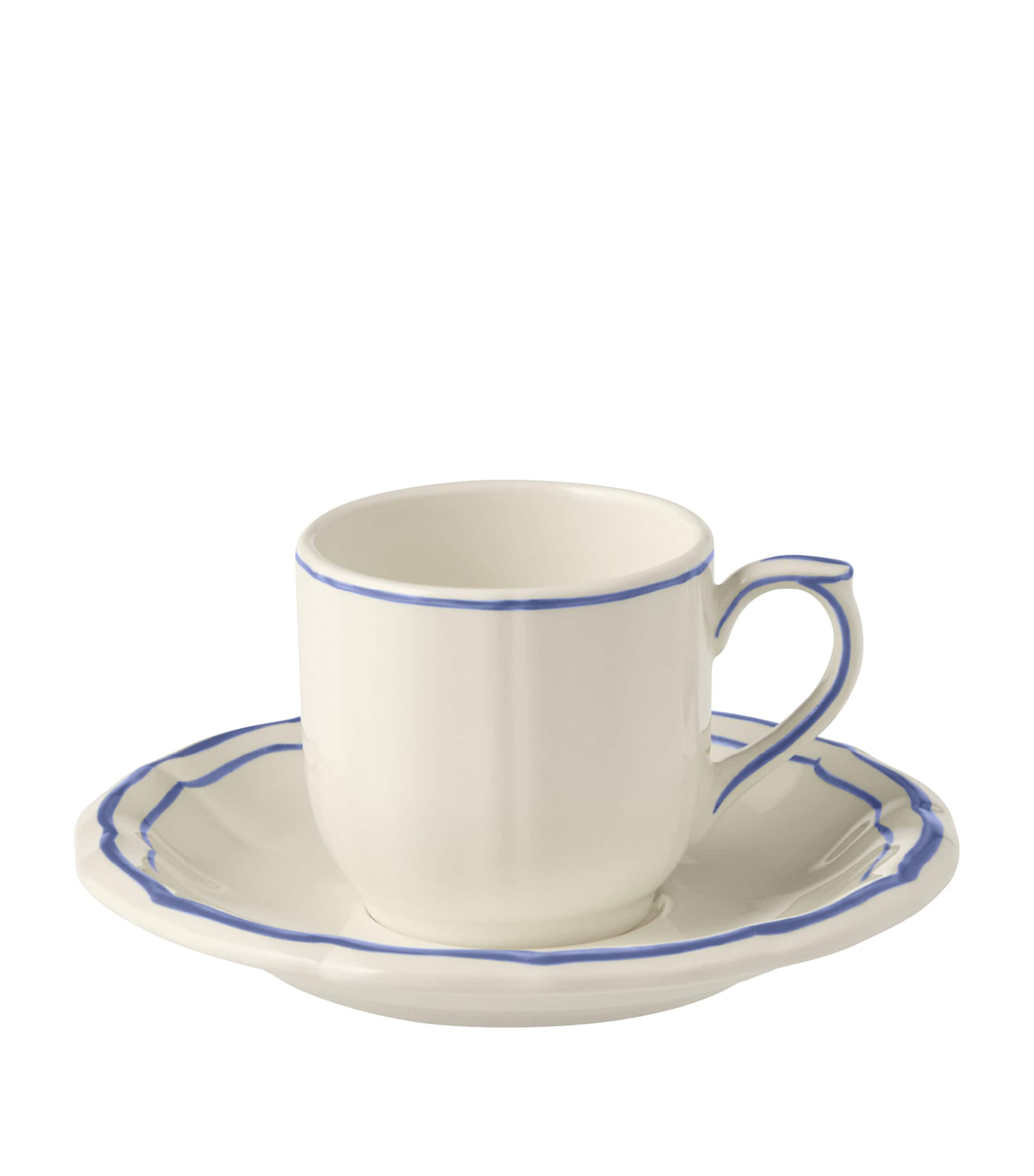 Gien Set of 2 Filets Bleu Espresso Cups and Saucers White, Blue