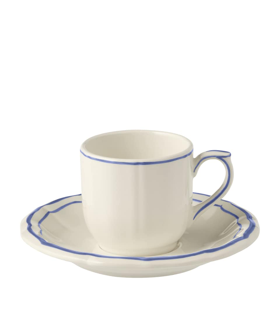Gien Set of 2 Filets Bleu Espresso Cups and Saucers White, Blue