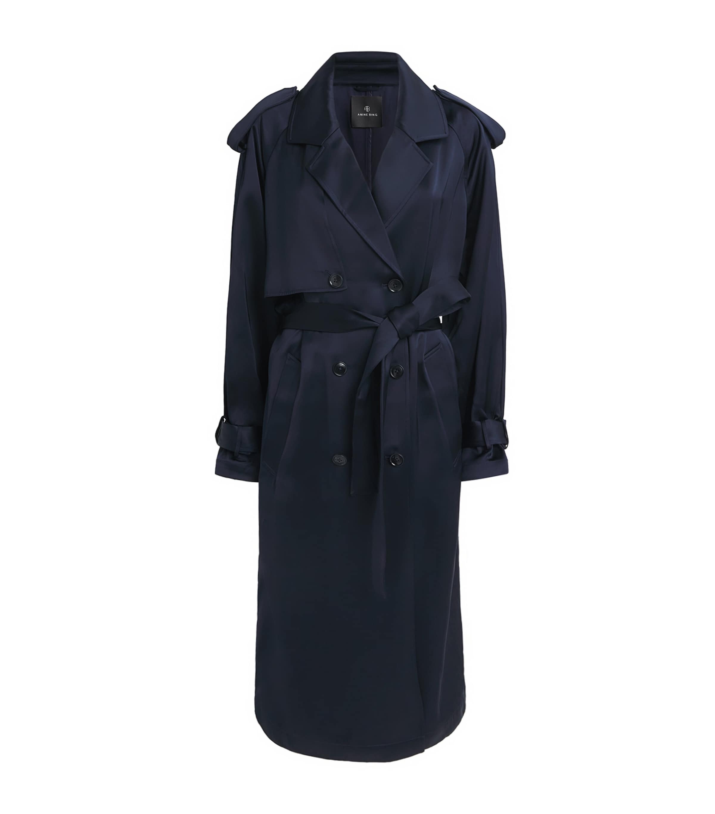 ANINE BING Womens Satin Rickie Maxi Trench Coat Navy