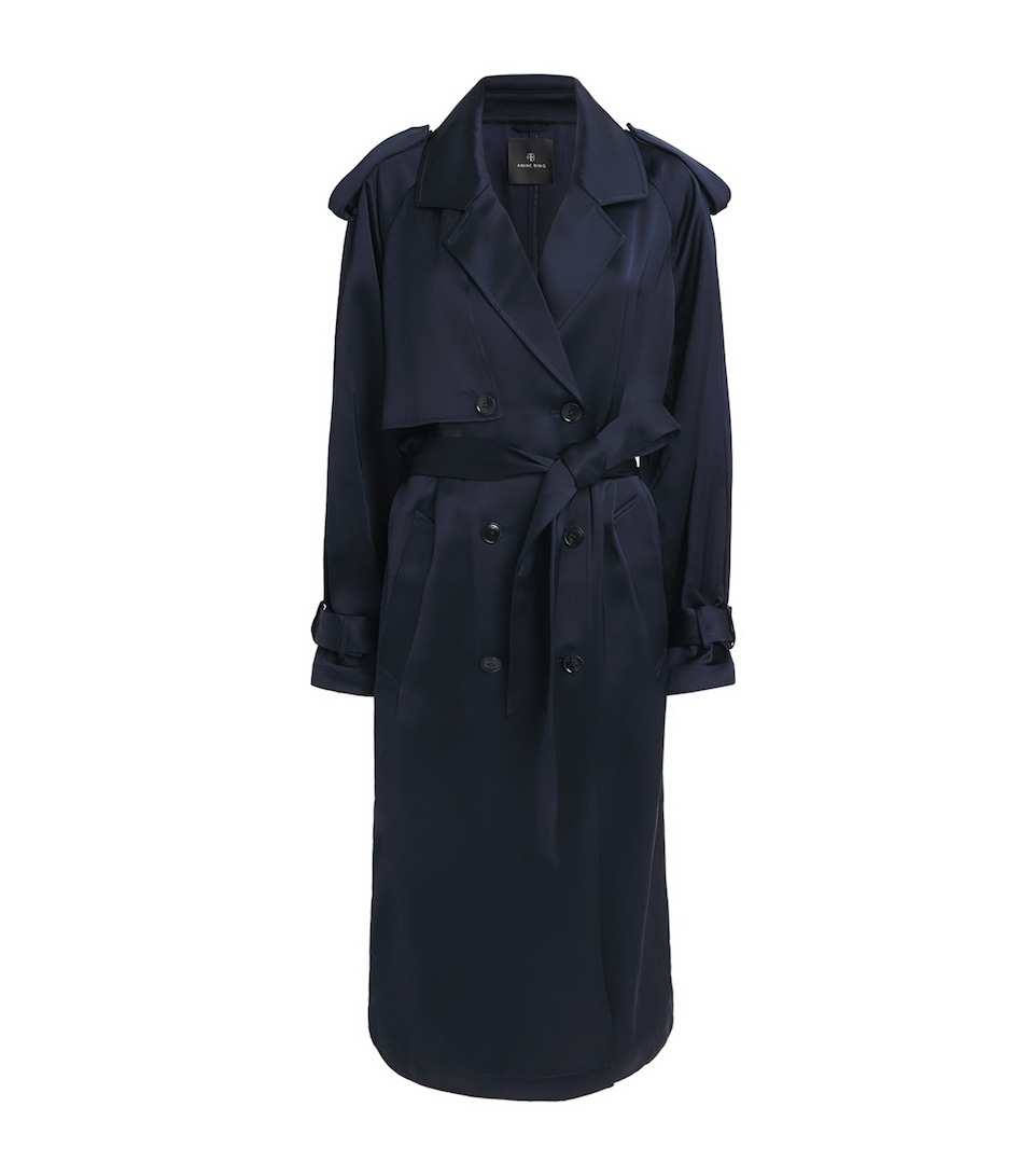 ANINE BING Womens Satin Rickie Maxi Trench Coat Navy