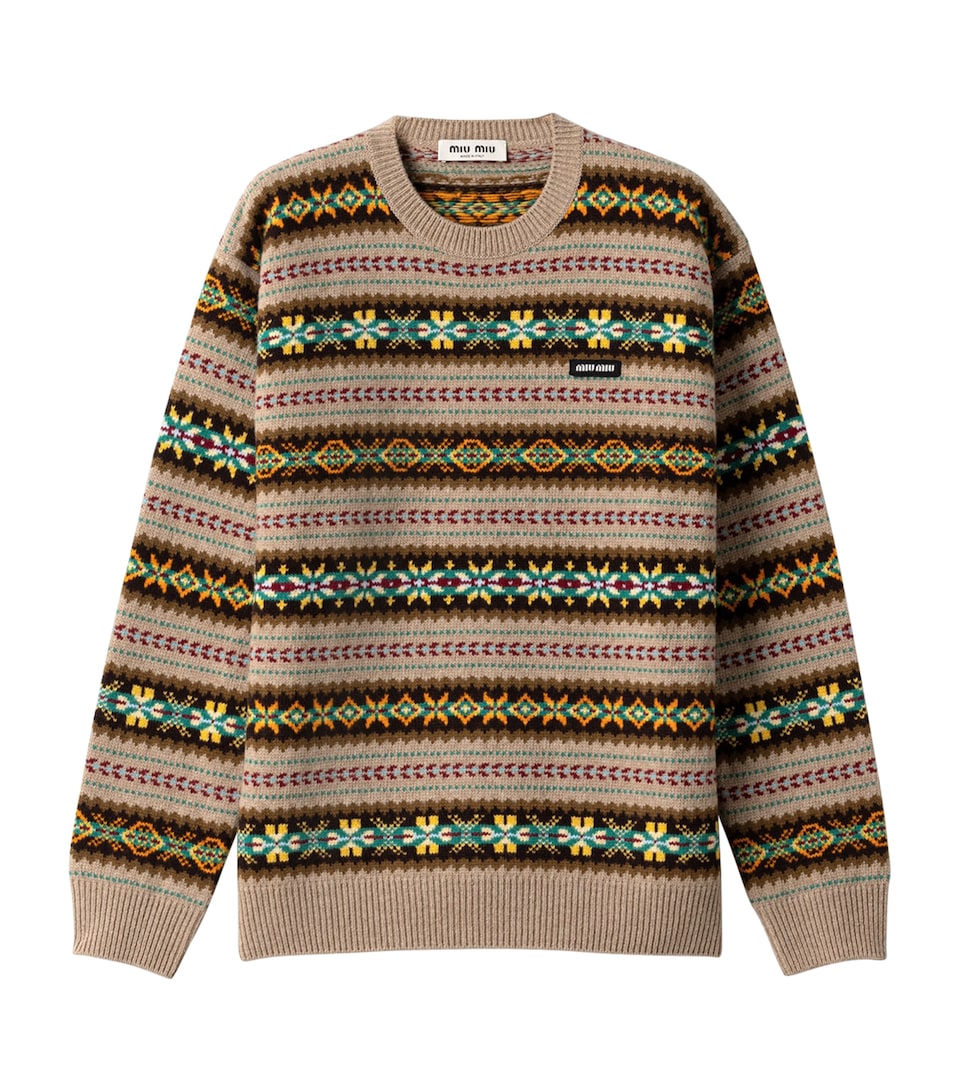 Miu Miu Womens Virgin Wool Fair Isle Sweater Neutral