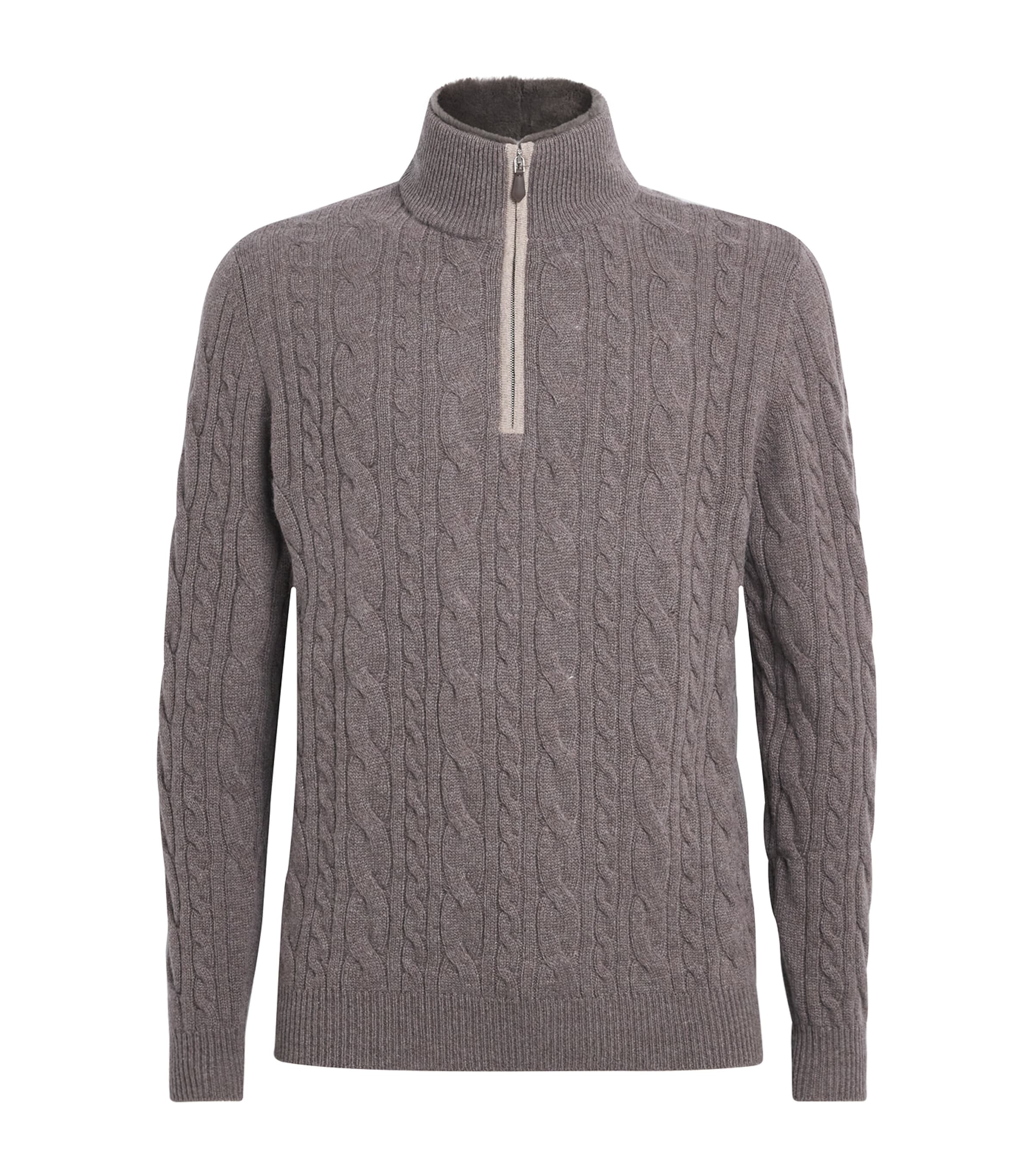 N.Peal Mens Cashmere Cable-Knit Quarter-Zip Sweater Otter Browntruffle