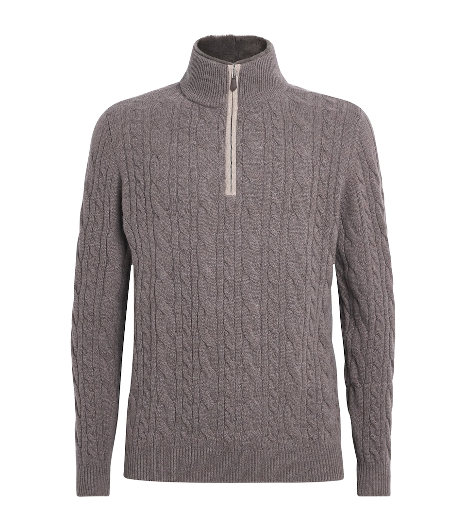 N.Peal Mens Cashmere Cable-Knit Quarter-Zip Sweater Otter Browntruffle