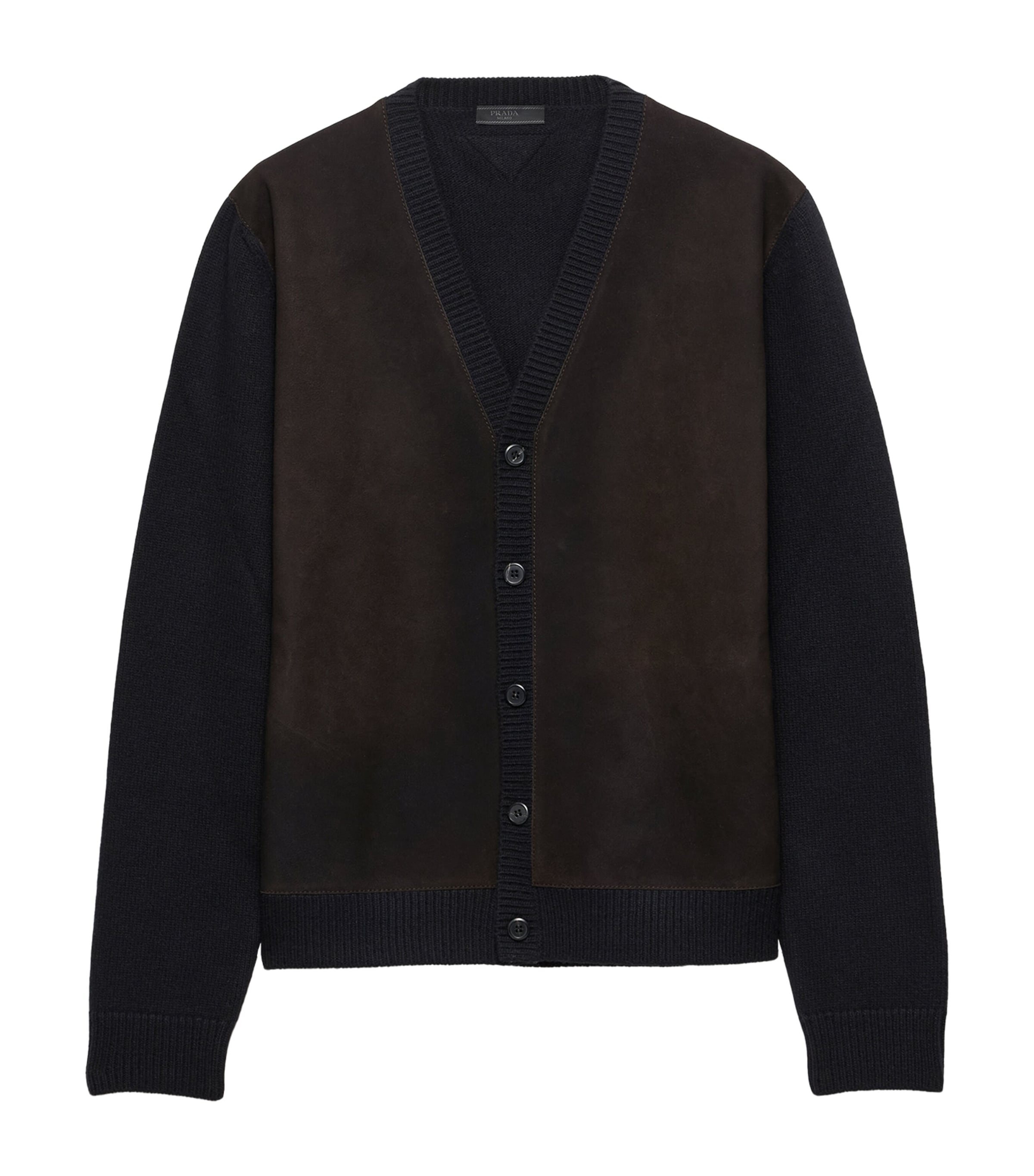 Prada Mens Wool Suede-Trim V-Neck Cardigan Black