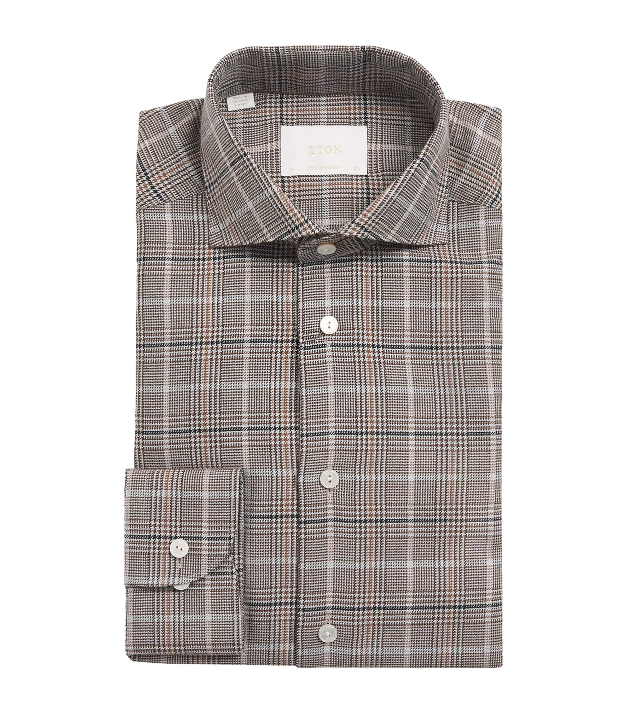 Eton Mens Cotton-Silk-Cashmere Check Shirt Dark Brown