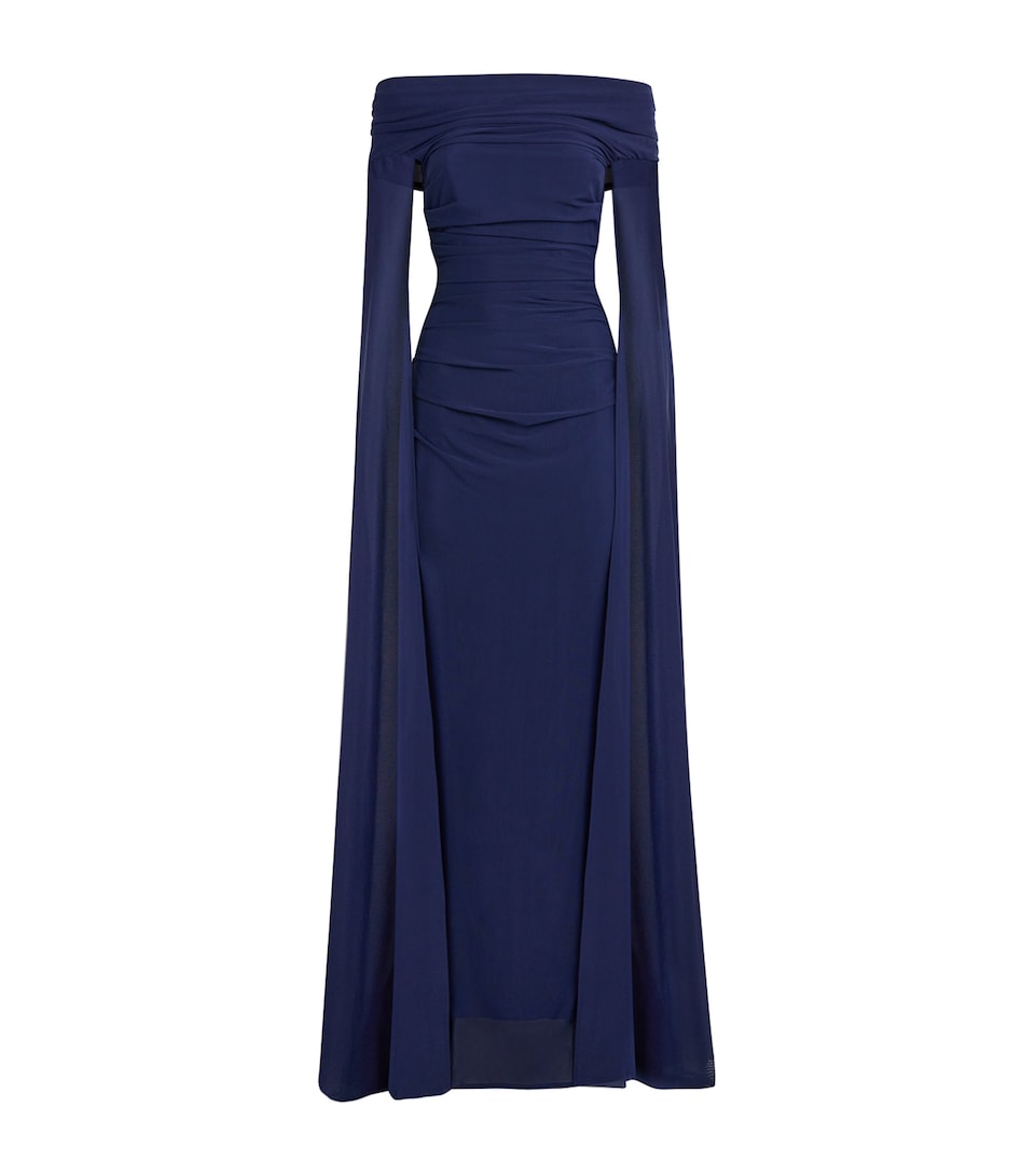 Talbot Runhof Womens Ruched Off-The-Shoulder Cape Gown Midnight