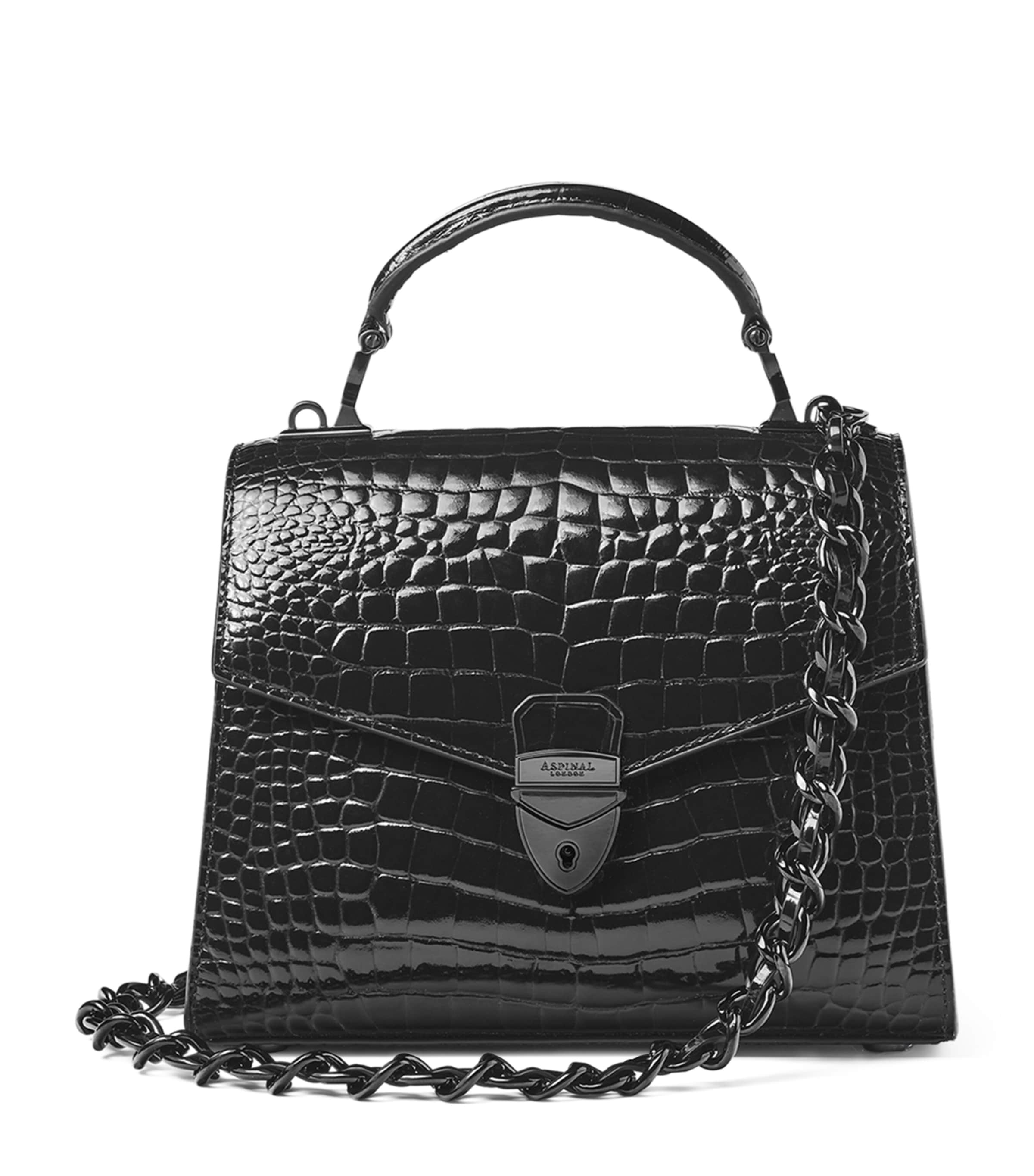 【ASPINAL OF LONDON】Midi Mayfair 2 レザー 2WAY バッグ Mayfair® 2 Clutch Bag in Midnight Faux Patent Croc | Aspinal
