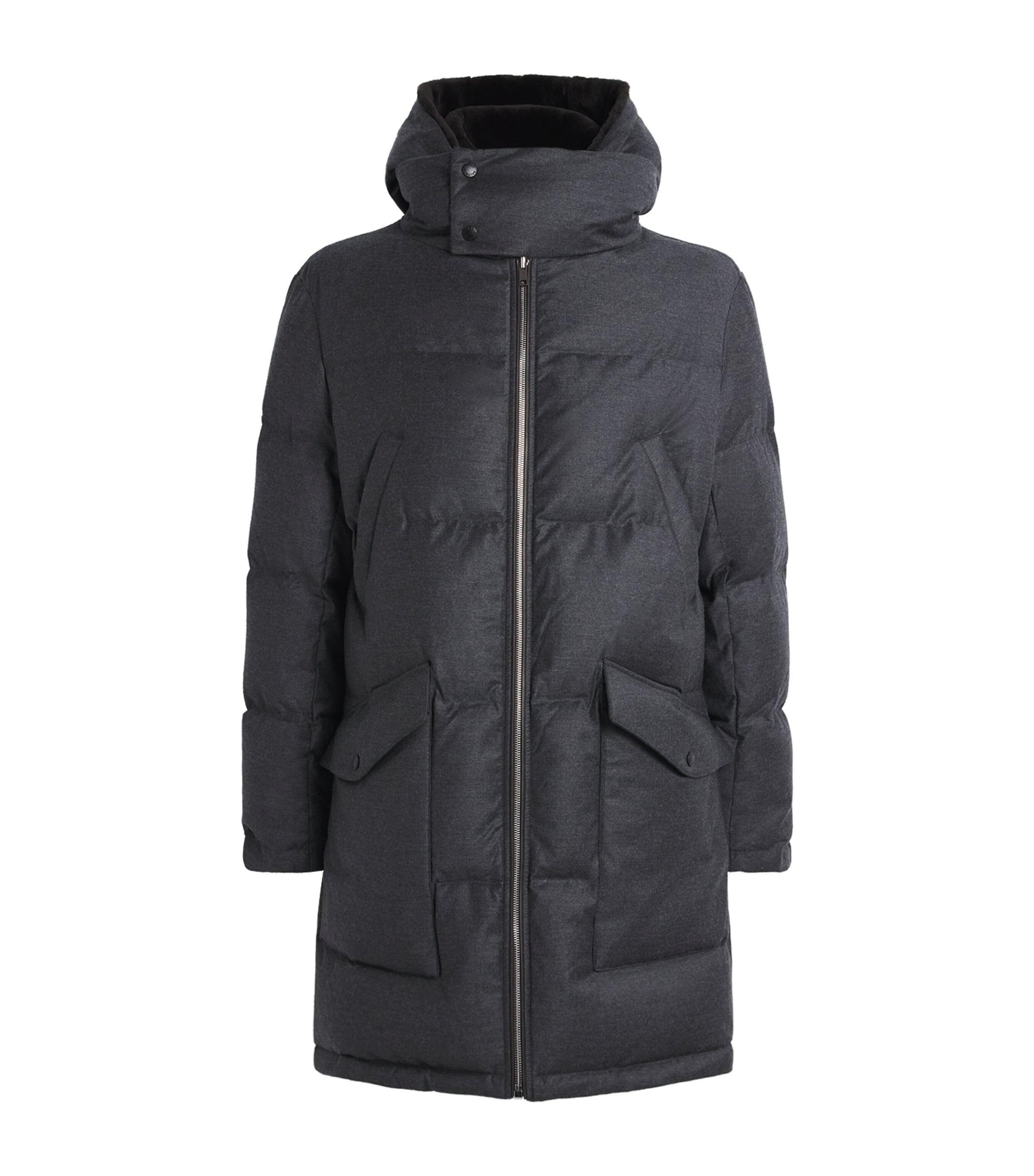 Wool-Silk Down Mink-Trim Coat