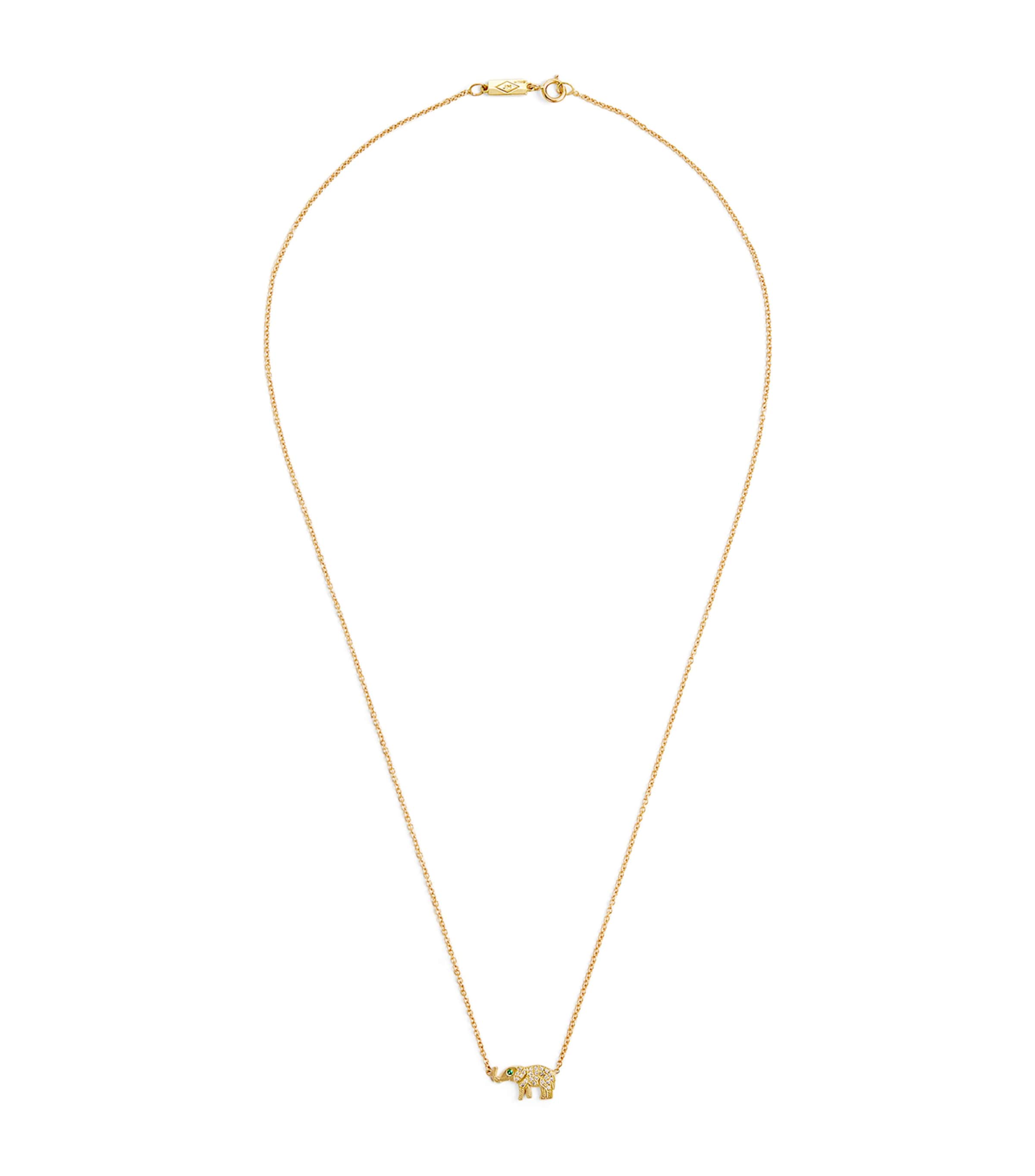 Yellow Gold, Diamond and Emerald Mini Elephant Necklace