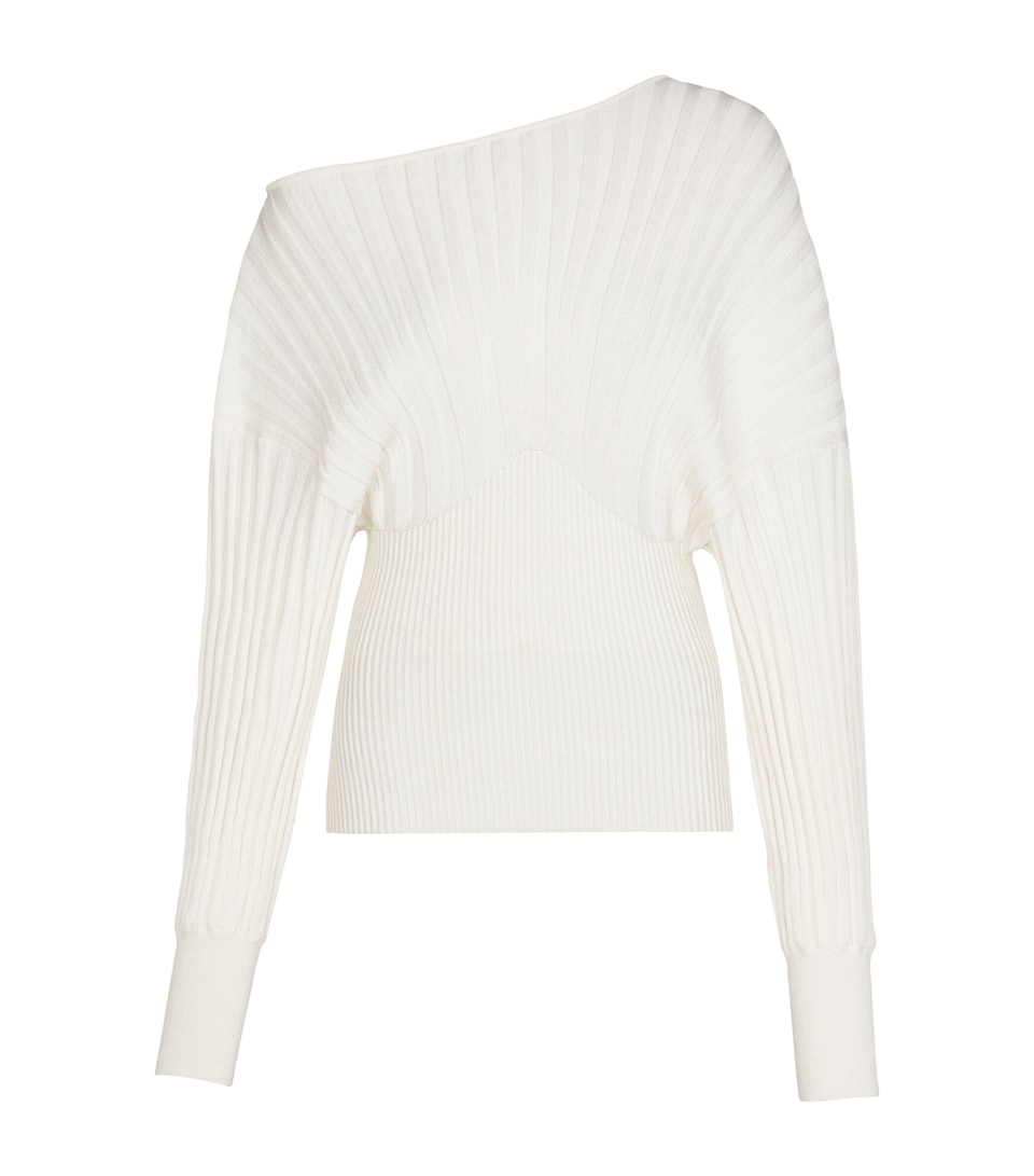 Balmain Womens Rib-Knit One-Shoulder Sweater Naturel