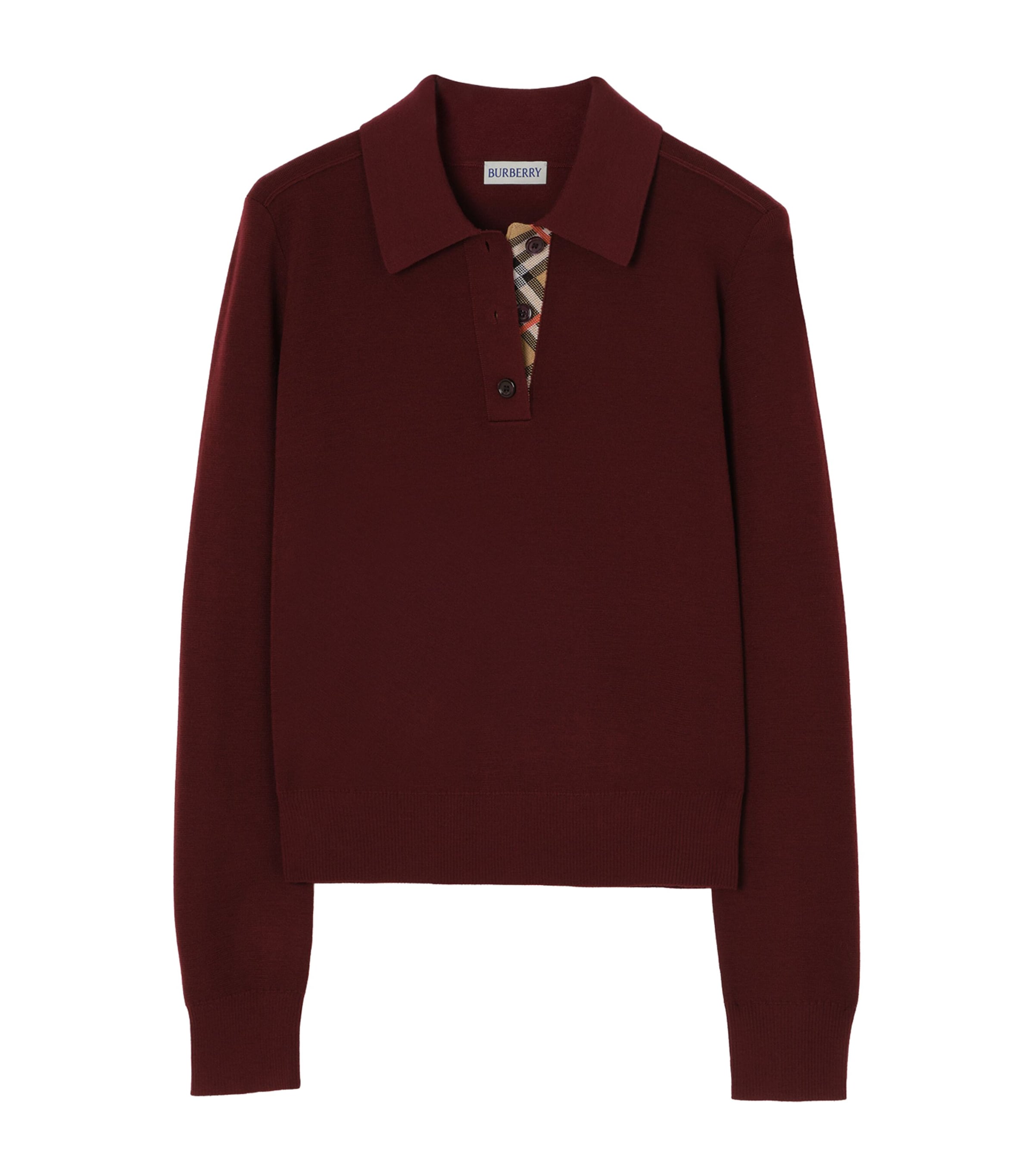 Burberry Womens Wool Check-Detail Long-Sleeve Polo Shirt Grape Purple