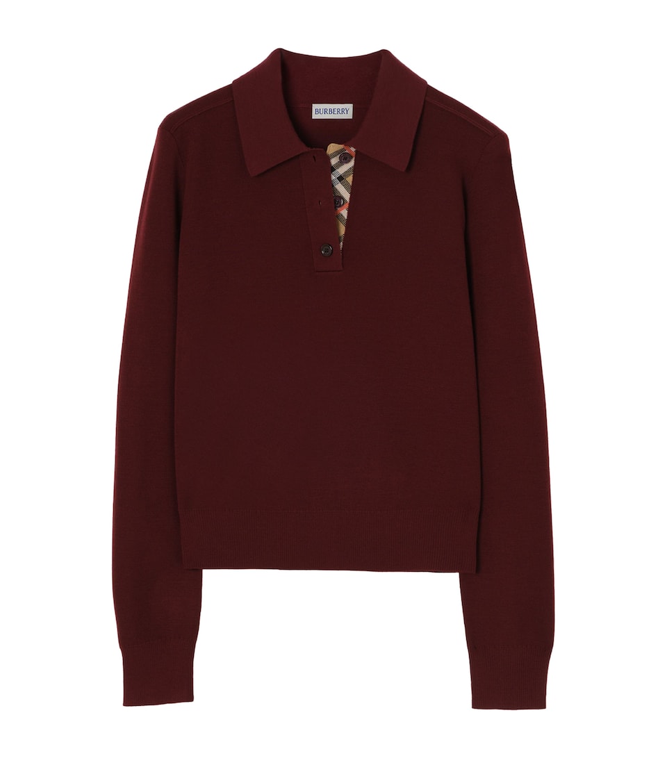 Burberry Womens Wool Check-Detail Long-Sleeve Polo Shirt Grape Purple