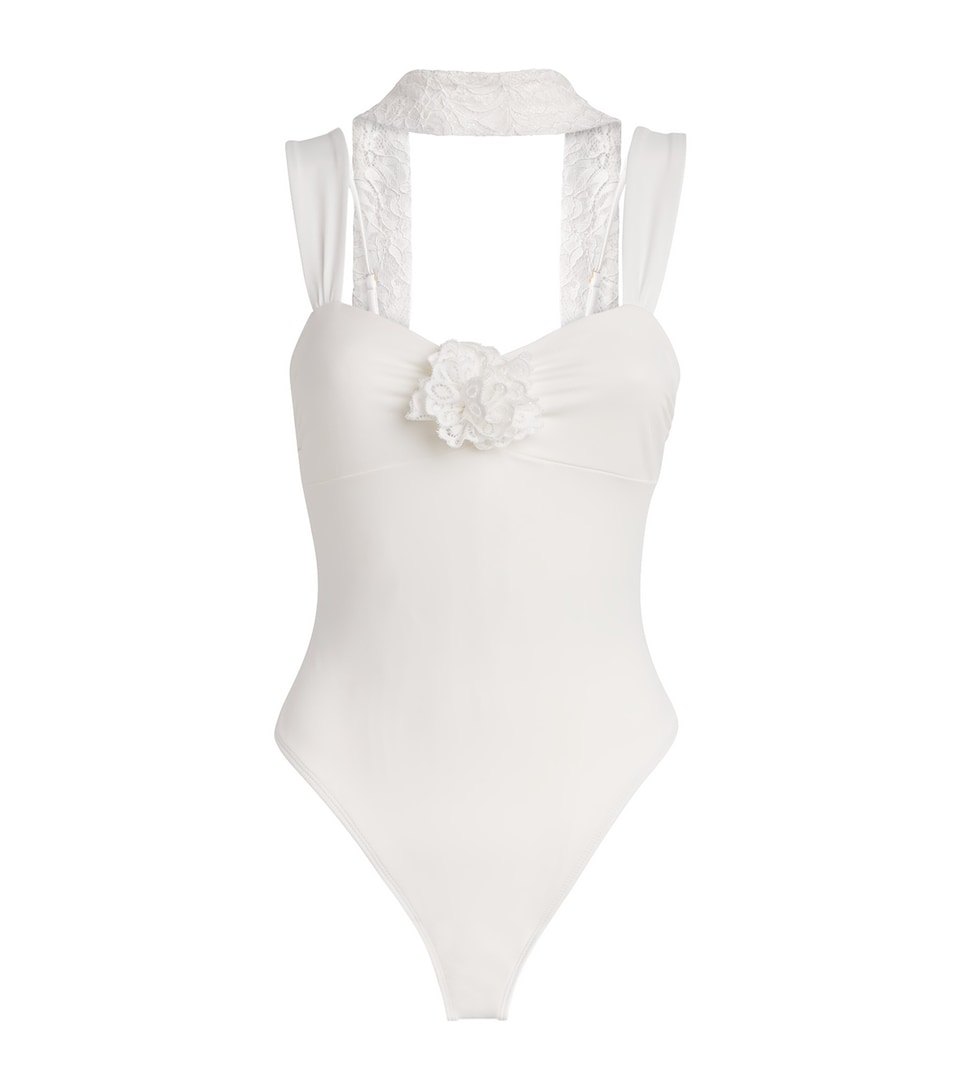 AWAY THAT DAY Womens Barbuda Swimsuit with Lace Scarf Bridal White
