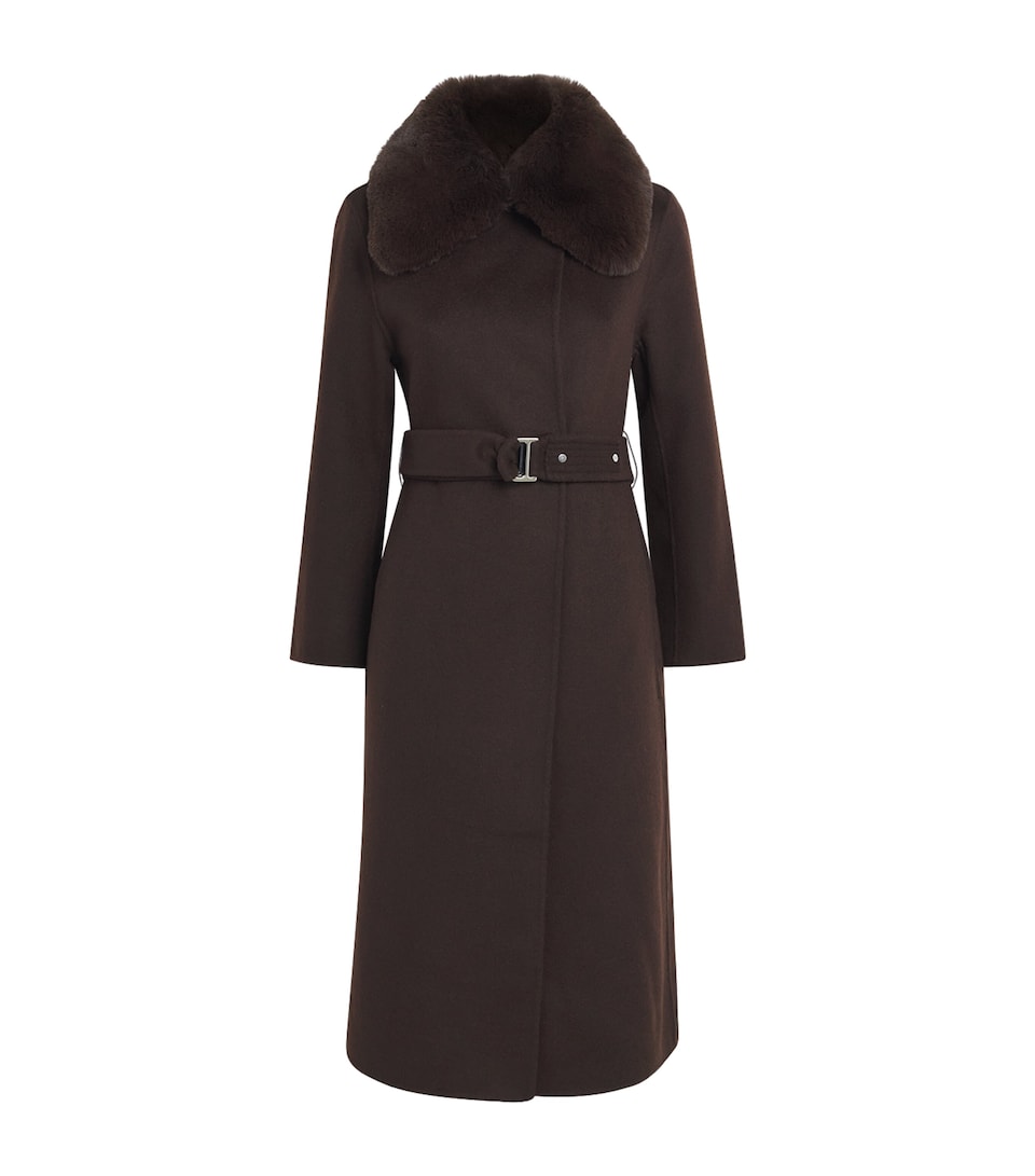 Maje Womens Wool-Blend Faux Fur-Collar Coat Brown