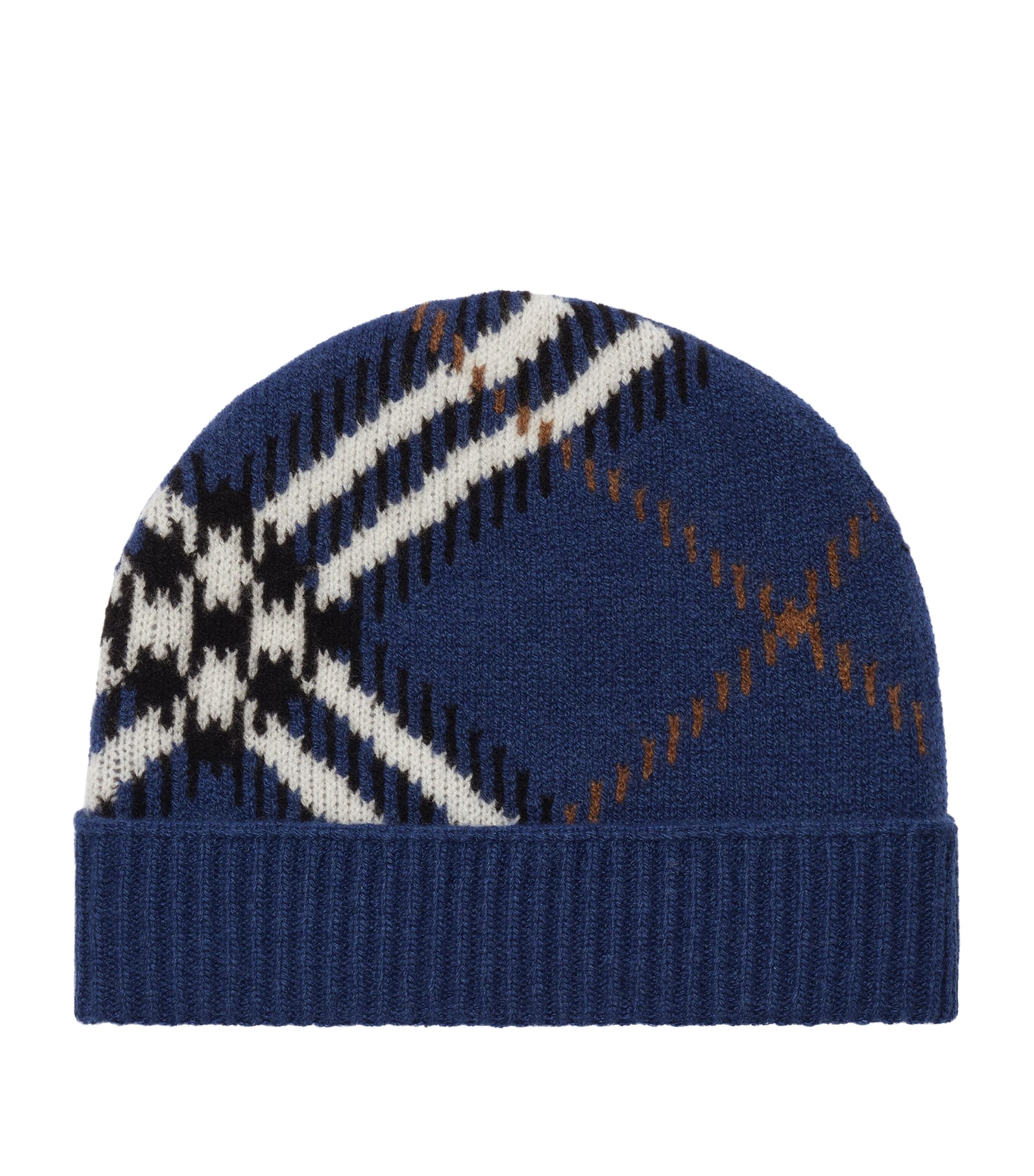 Burberry Cashmere-Blend Check Beanie Mast Blue