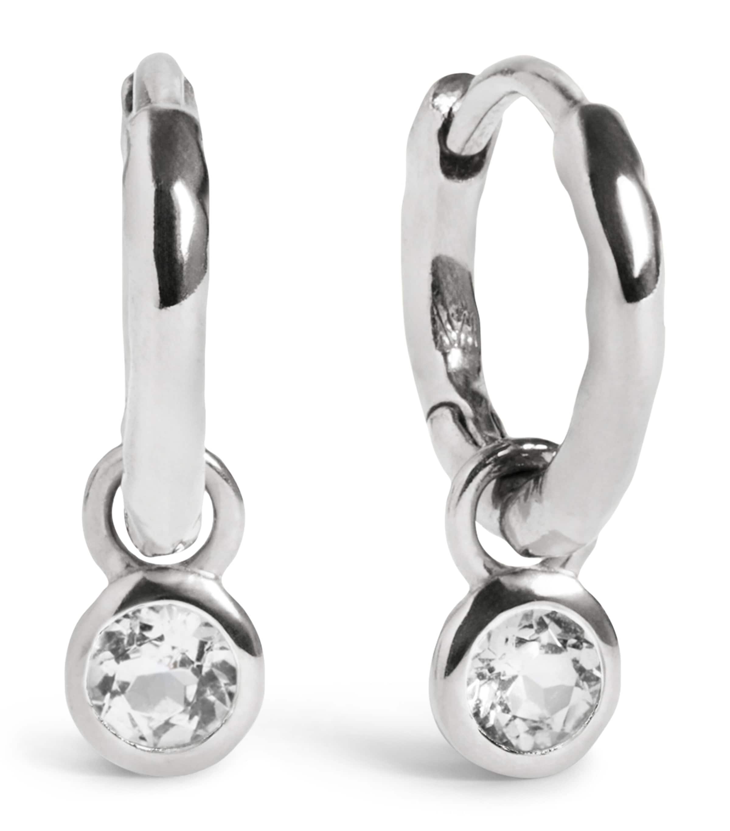 Monica Vinader Sterling Silver and White Topaz April Birthstone Huggie Earrings Clear