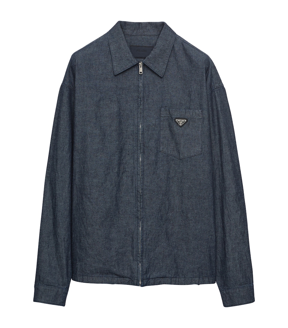 Prada Mens Cotton Chambray Zipped Shirt Blue