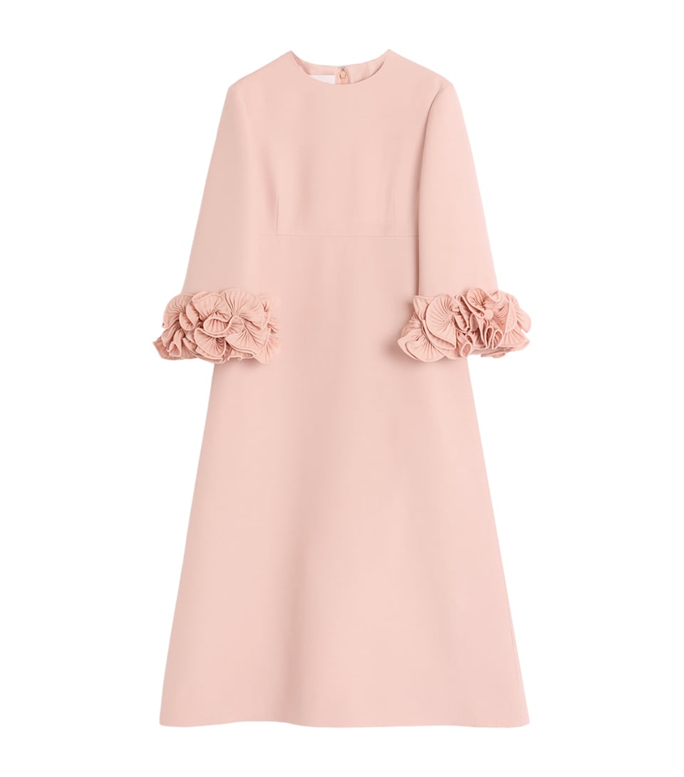 Wool-Silk Floral-Sleeve Midi Dress