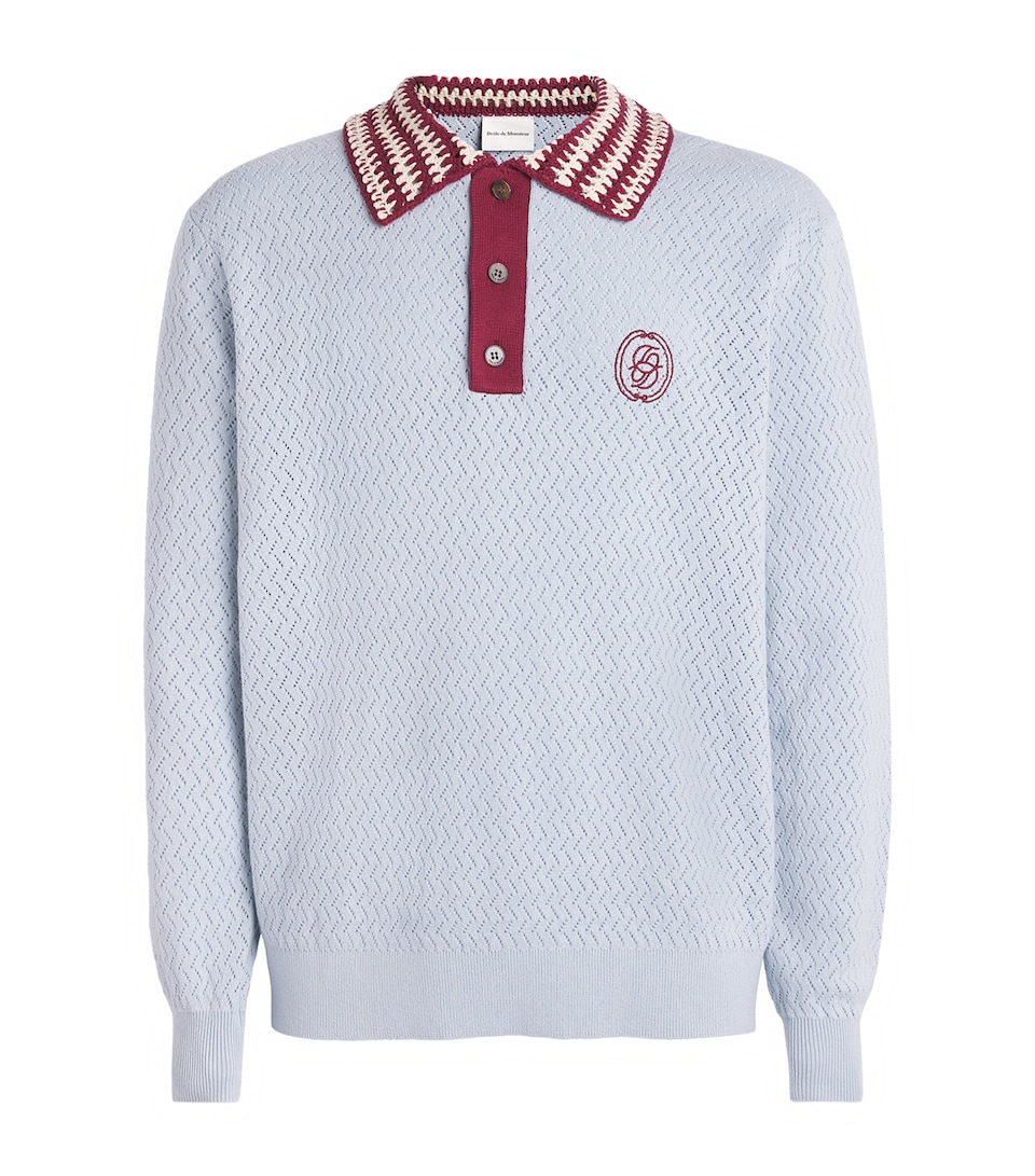 Drôle De Monsieur Mens Openwork-Knit Polo Shirt Light Blue