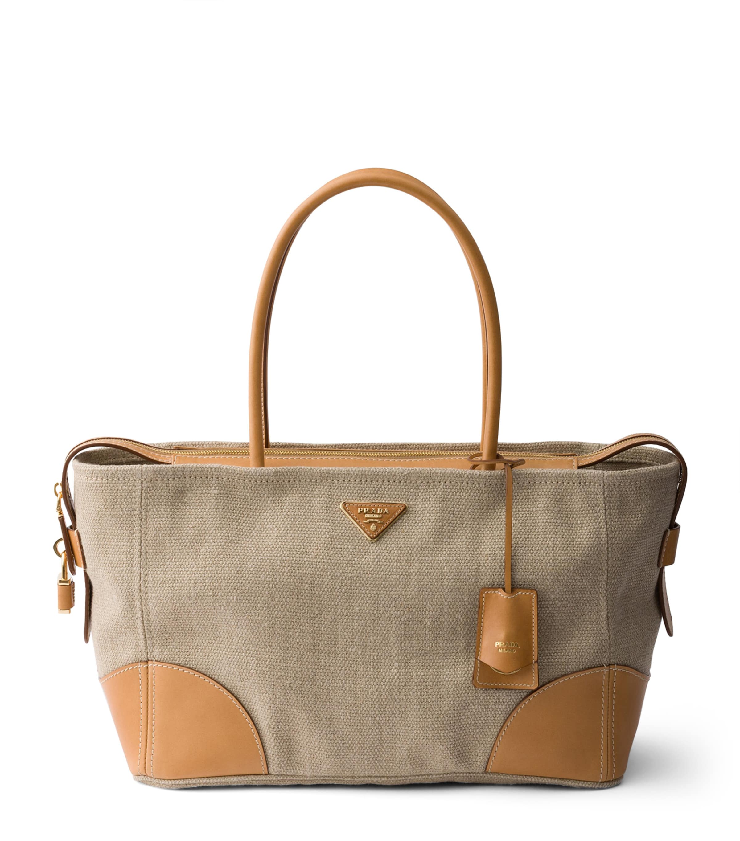 Prada Large Linen-Leather Tote Bag Neutral